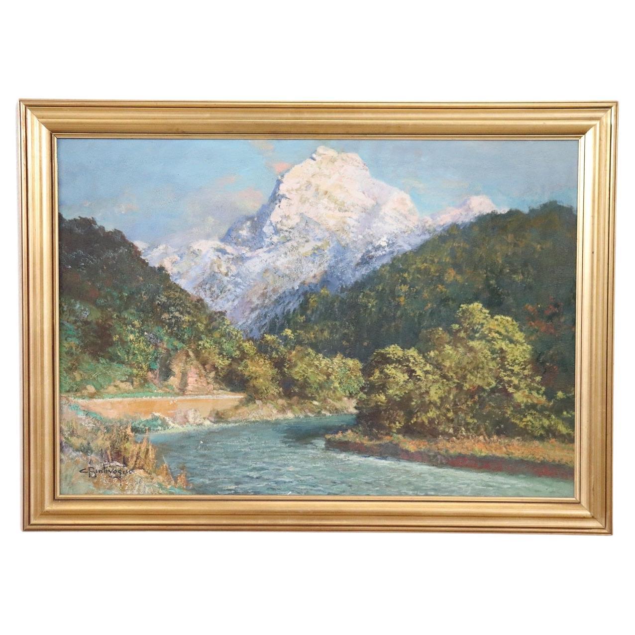 Italian Oil Painting on Canvas Cesare Bentivoglio Mountain Landscape with River For Sale