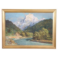 Used Italian Oil Painting on Canvas Cesare Bentivoglio Mountain Landscape with River