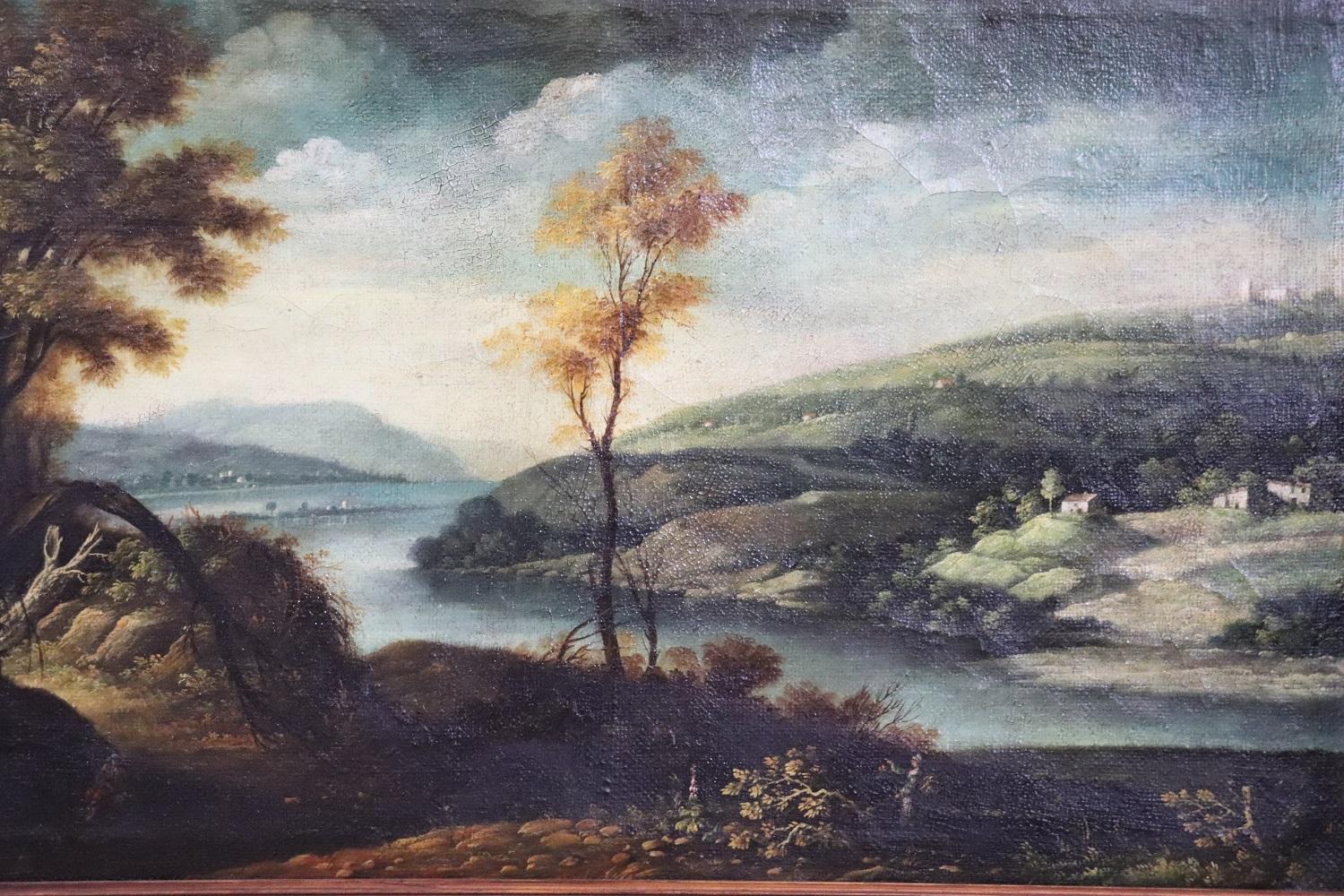 Beautiful oil painting on canvas 1920s. A splendid Italian landscape with river. This painting is in the 18th century Venetian style, excellent pictorial quality. Made on jute canvas. Sold with wooden frame.
 