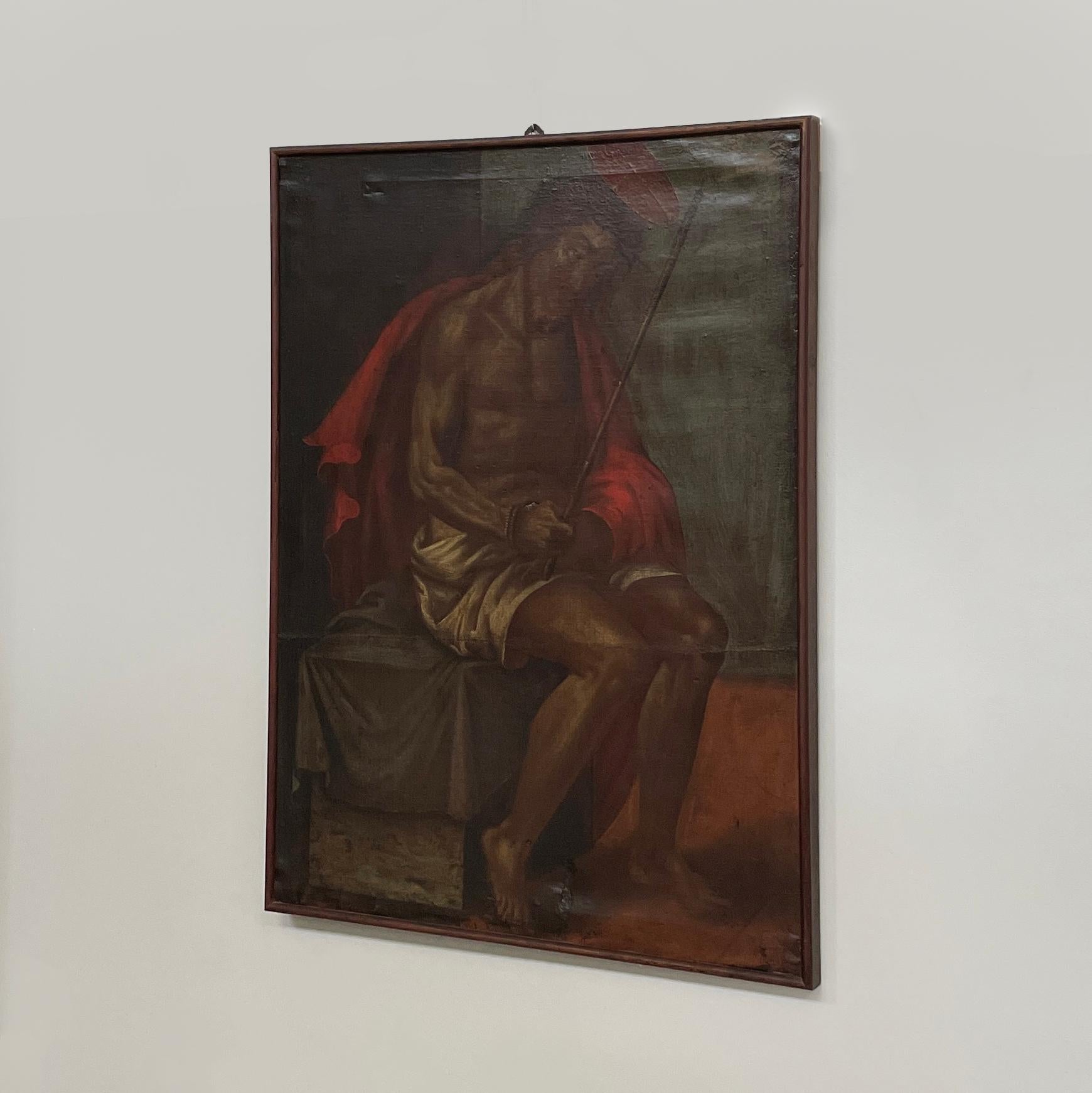 Italian Oil painting on canvas of Jesus Christ with a crown of thorns, 1600s 
Oil painting on canvas with sacred subject. The painting depicts Jesus Christ sitting and dressed only in a white cloth (perizonium), with a crown of thorns and a aureole