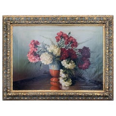 Italian Oil Painting on Canvas of Still Life of Flowers from the 50s
