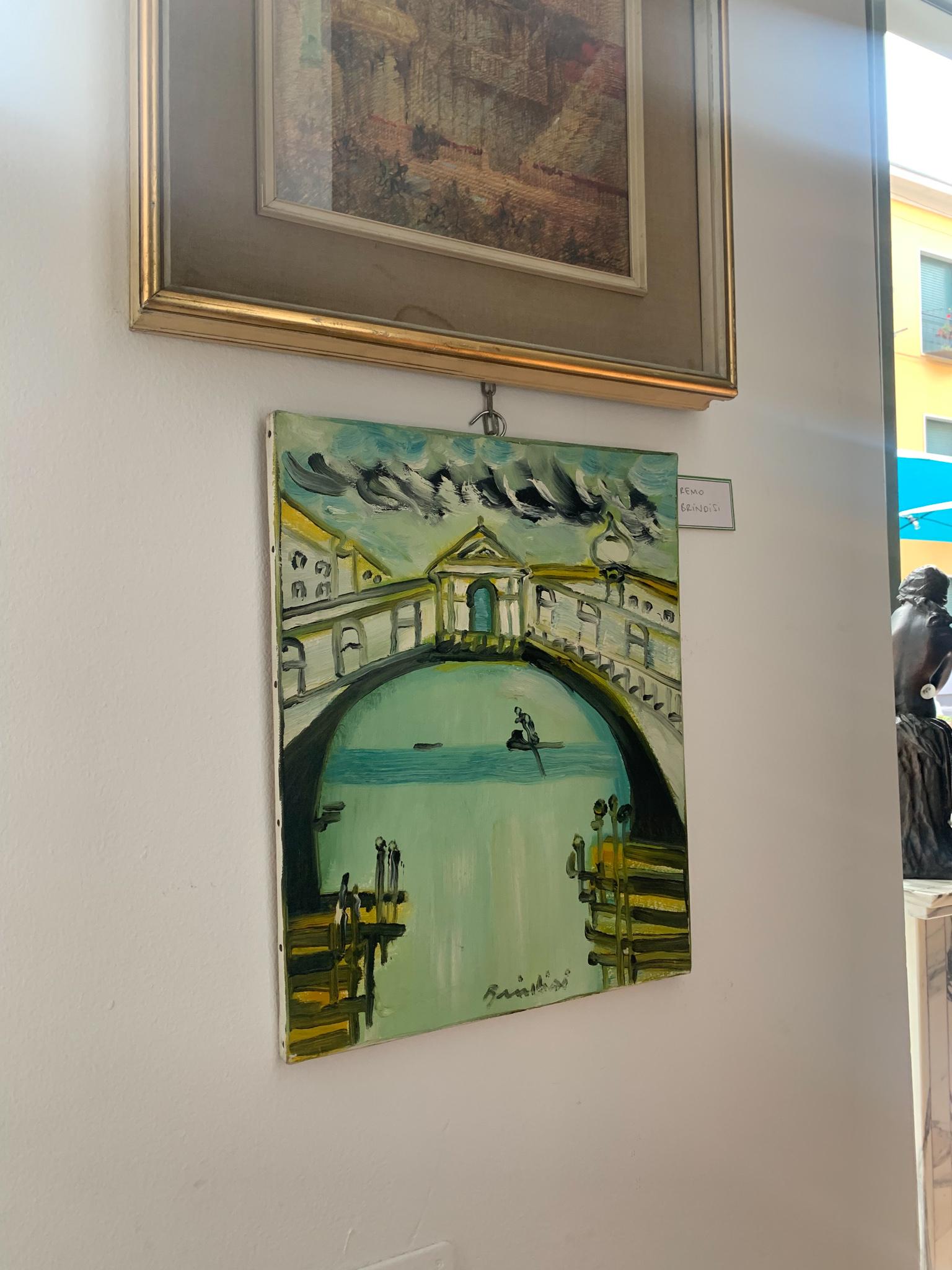 Mid-Century moderno Pittura a olio su tela di Venezia di Remo Brindisi, anni '70