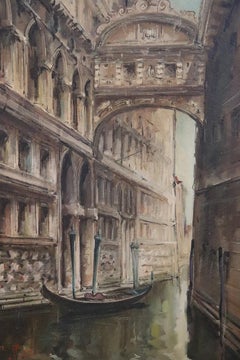 Italian Oil Painting on Canvas, Venice the Bridge of Sighs, Signed C. Rizzi