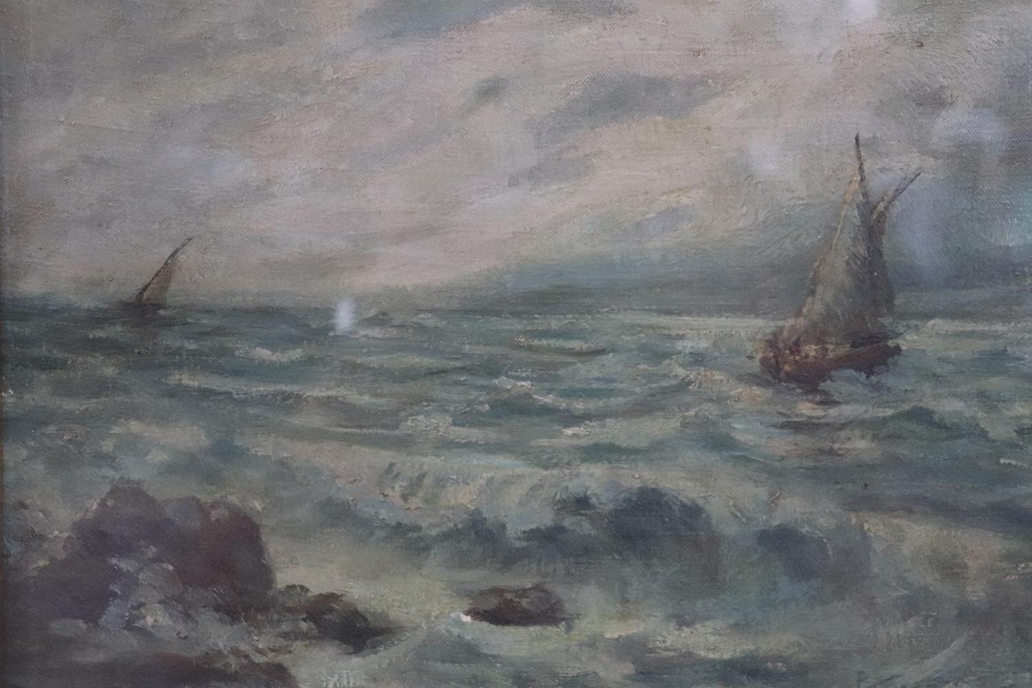 Beautiful marine oil painting on masonite. Excellent pictorial quality. Signed and dated 1946s italian artist P. Sacchetto. This painting was given by the artist to a friend on the occasion of his second wedding. Particular presence of a dedication