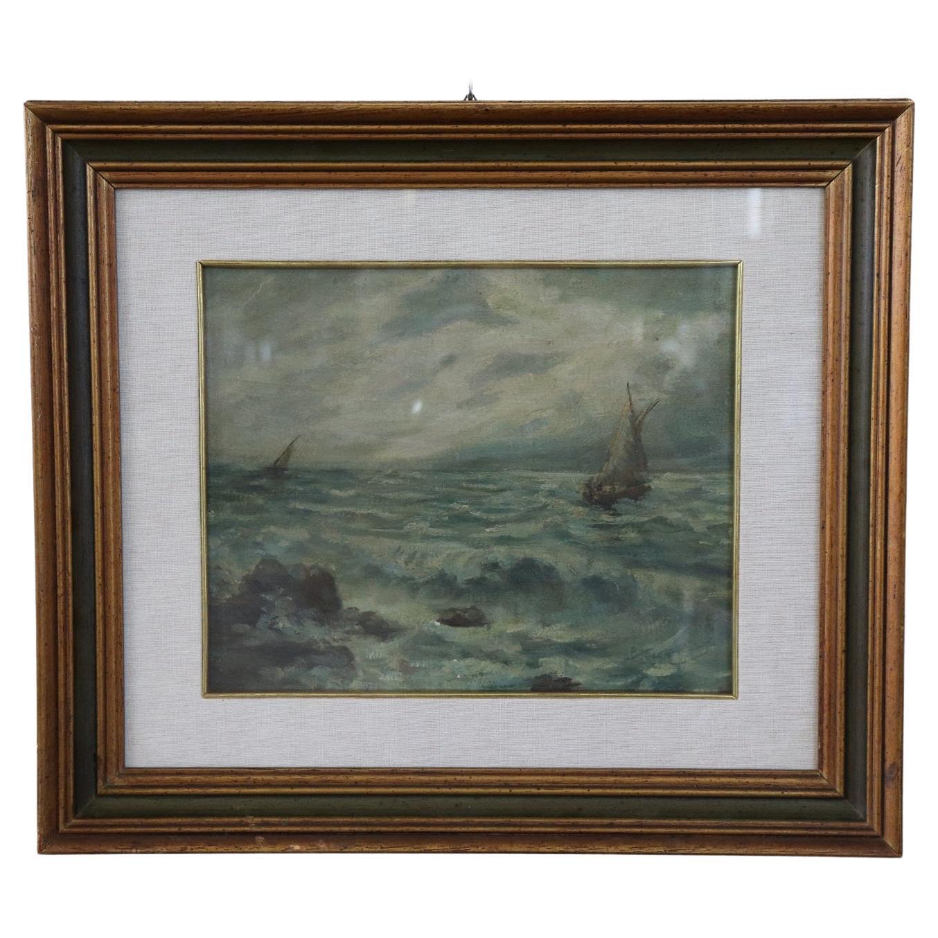 Italian Oil Painting on Masonite, Marine, Signed and Dated 1946s For Sale