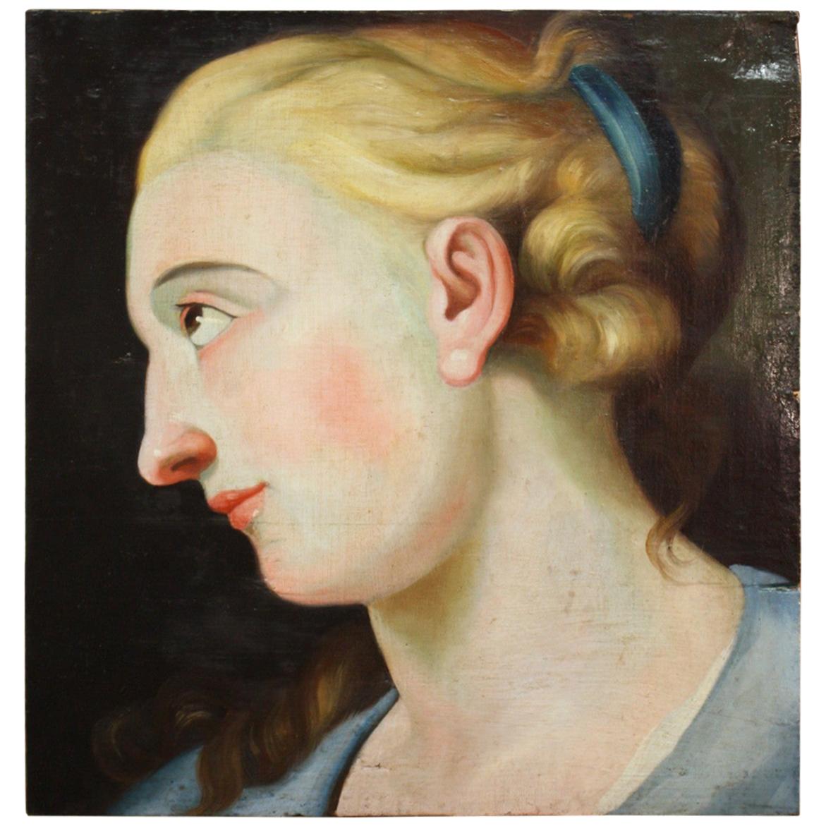 Italian Oil Painting on Panel with Lady, 20th Century For Sale