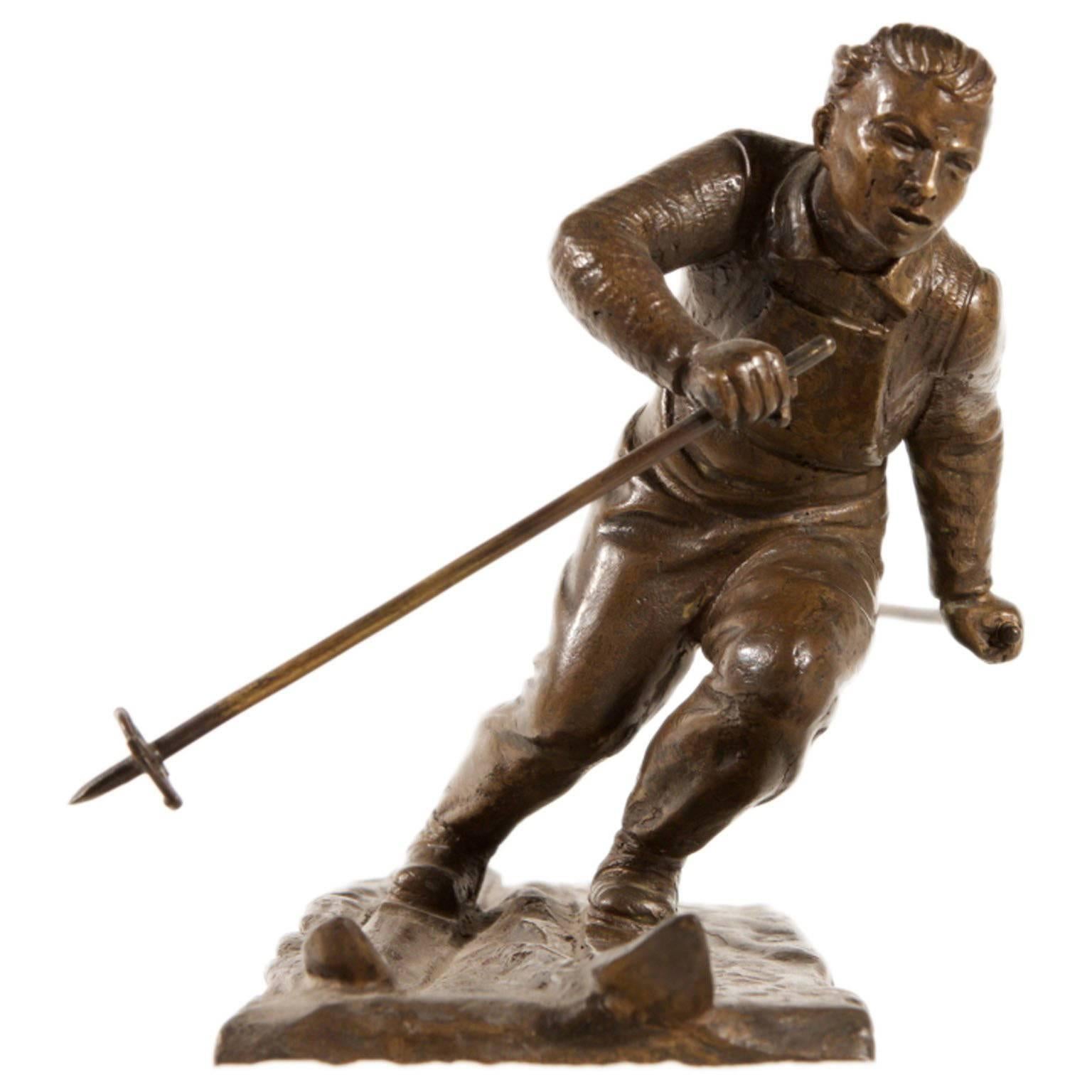 Skier Sculpture Italian Old Bronze Signed
