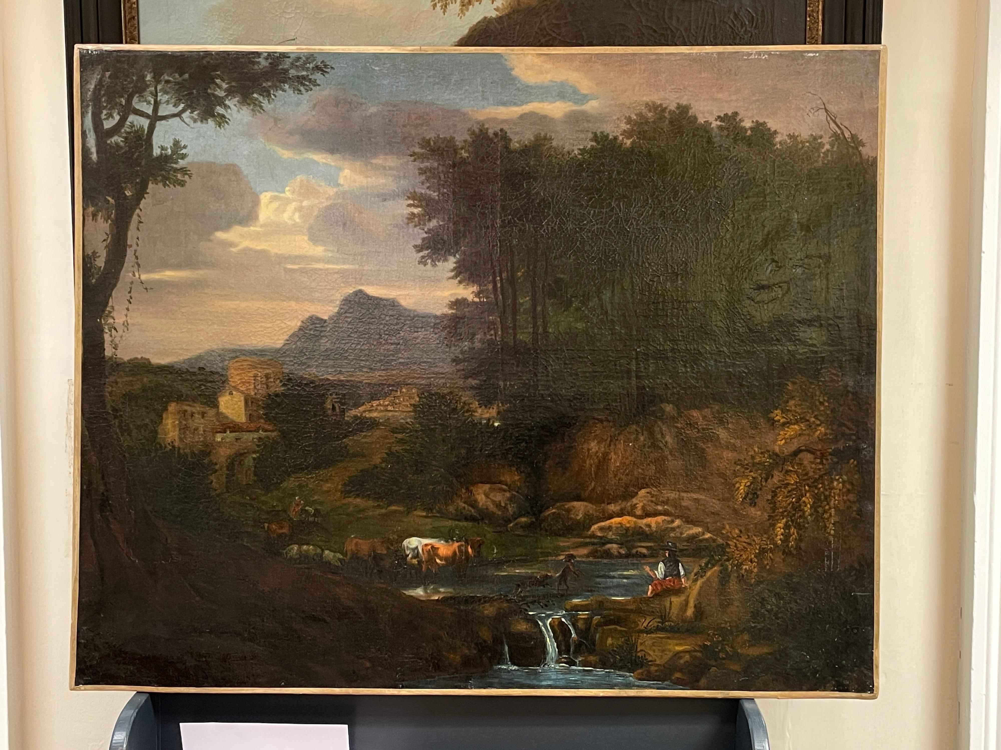 Enorme Pintura al Óleo Italiana al Viejo Maestro del Siglo XVIII Figuras y Animales Arcadia - Painting de Italian Old Master