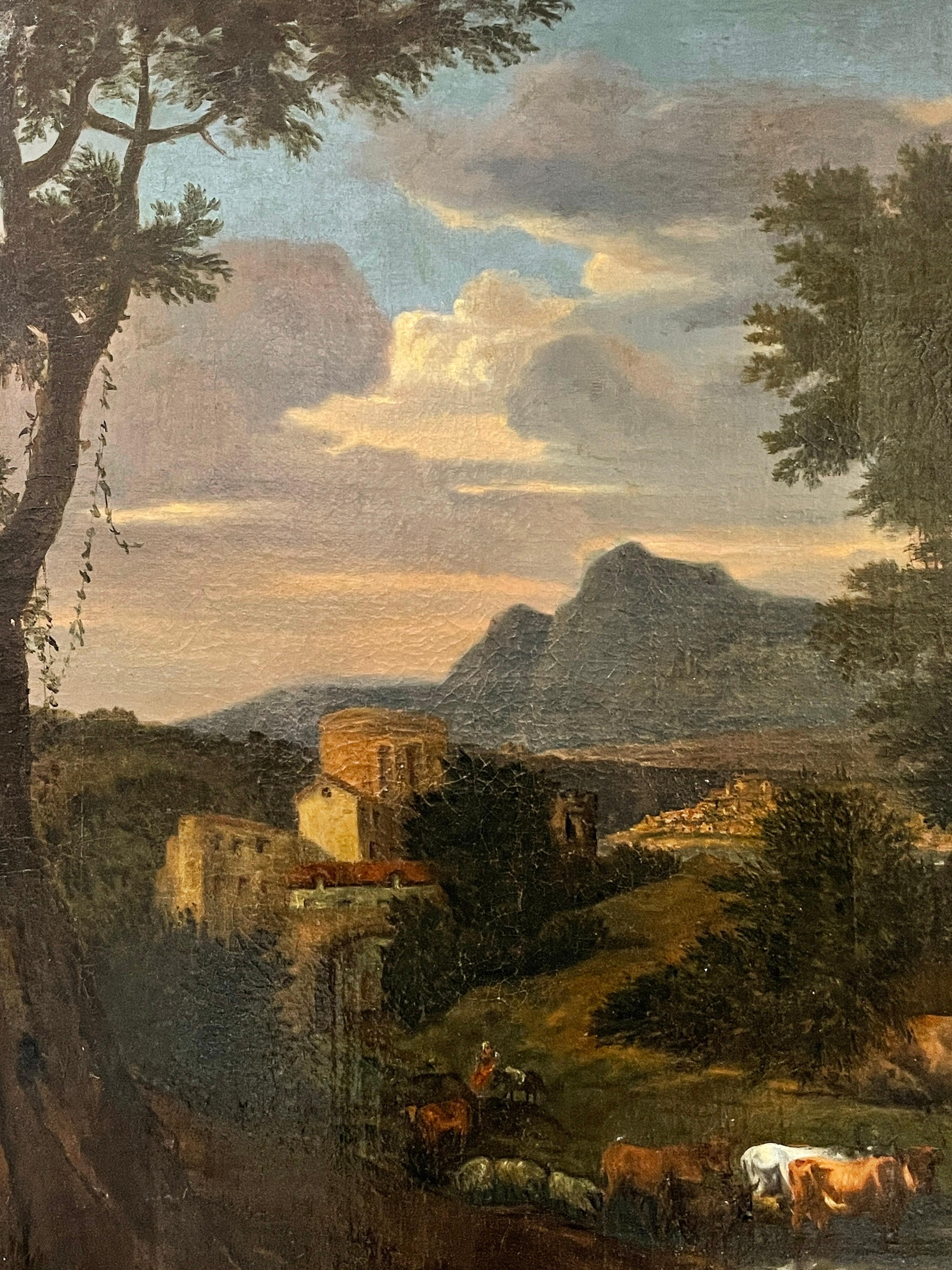 The Arcadian Landscape
Italian School, 18th century
oil painting on canvas, unframed
canvas size: 32 x 40 inches
condition: excellent condition for its age, fully restored. 
provenance: from a private collection in Paris, France. 

Large scale