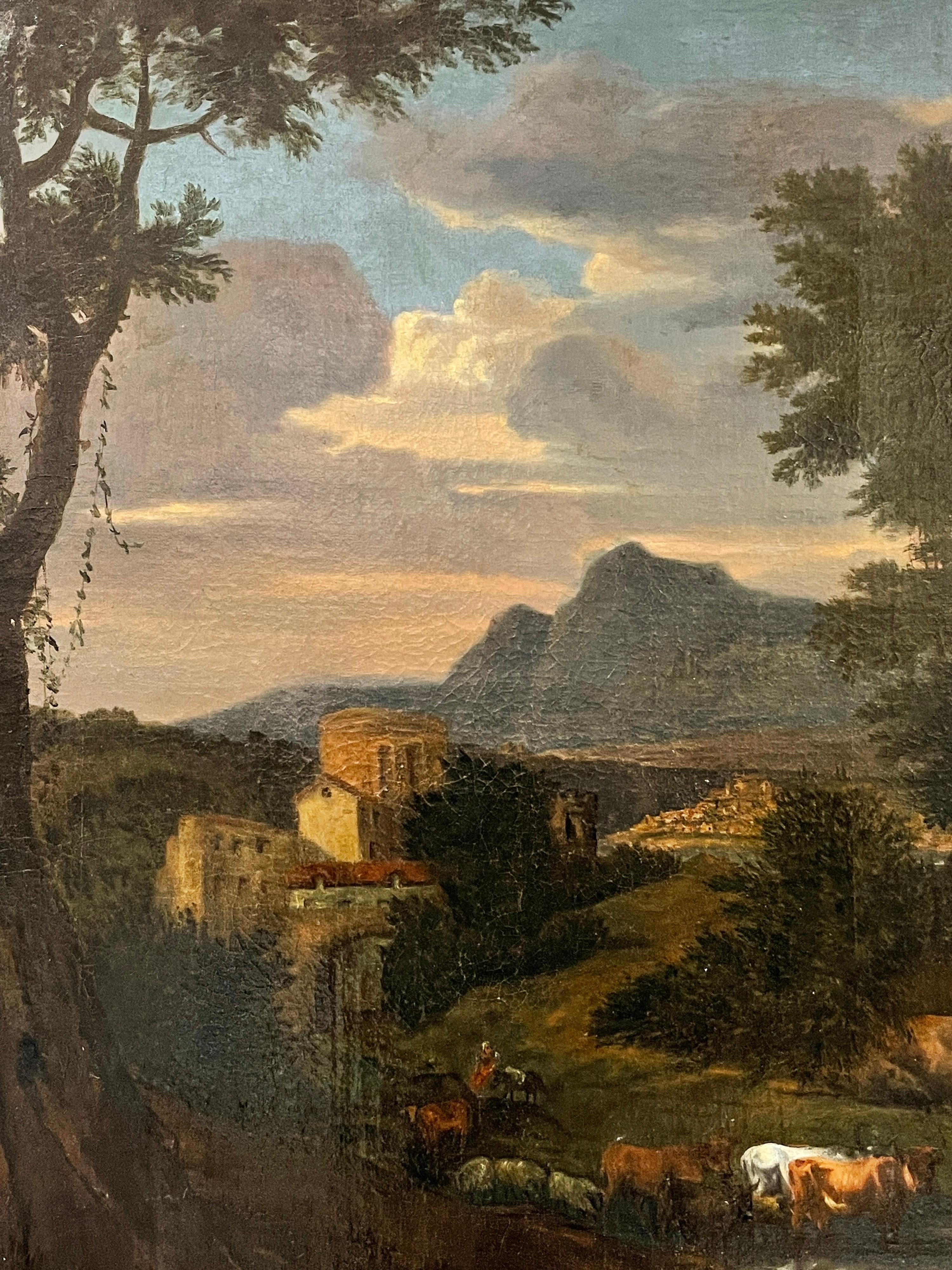 Enorme Pintura al Óleo Italiana al Viejo Maestro del Siglo XVIII Figuras y Animales Arcadia - Landscape Painting Marrón de Italian Old Master