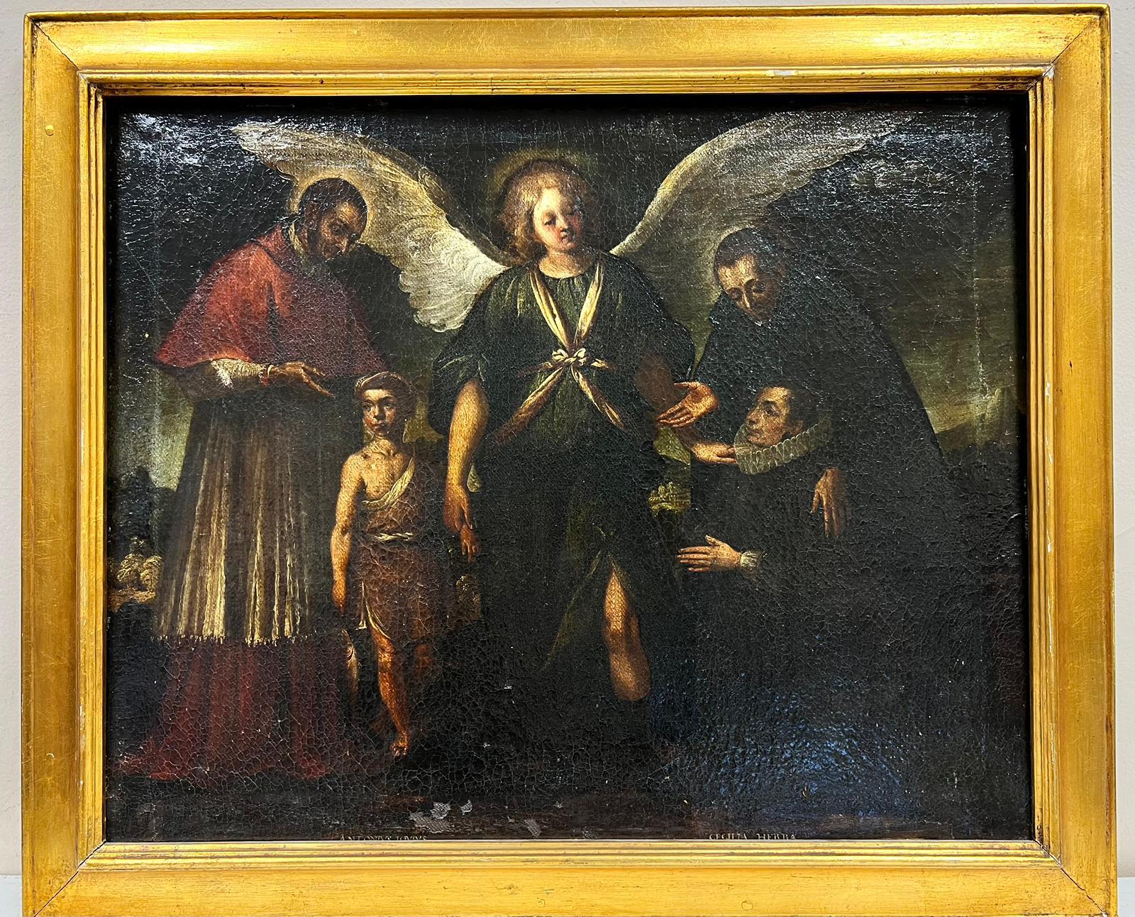 Feines italienisches Ölgemälde eines alten Meisters, Angel & Saints, Figuren aufgreifend, Ölgemälde – Painting von Italian Old Master 18th Century