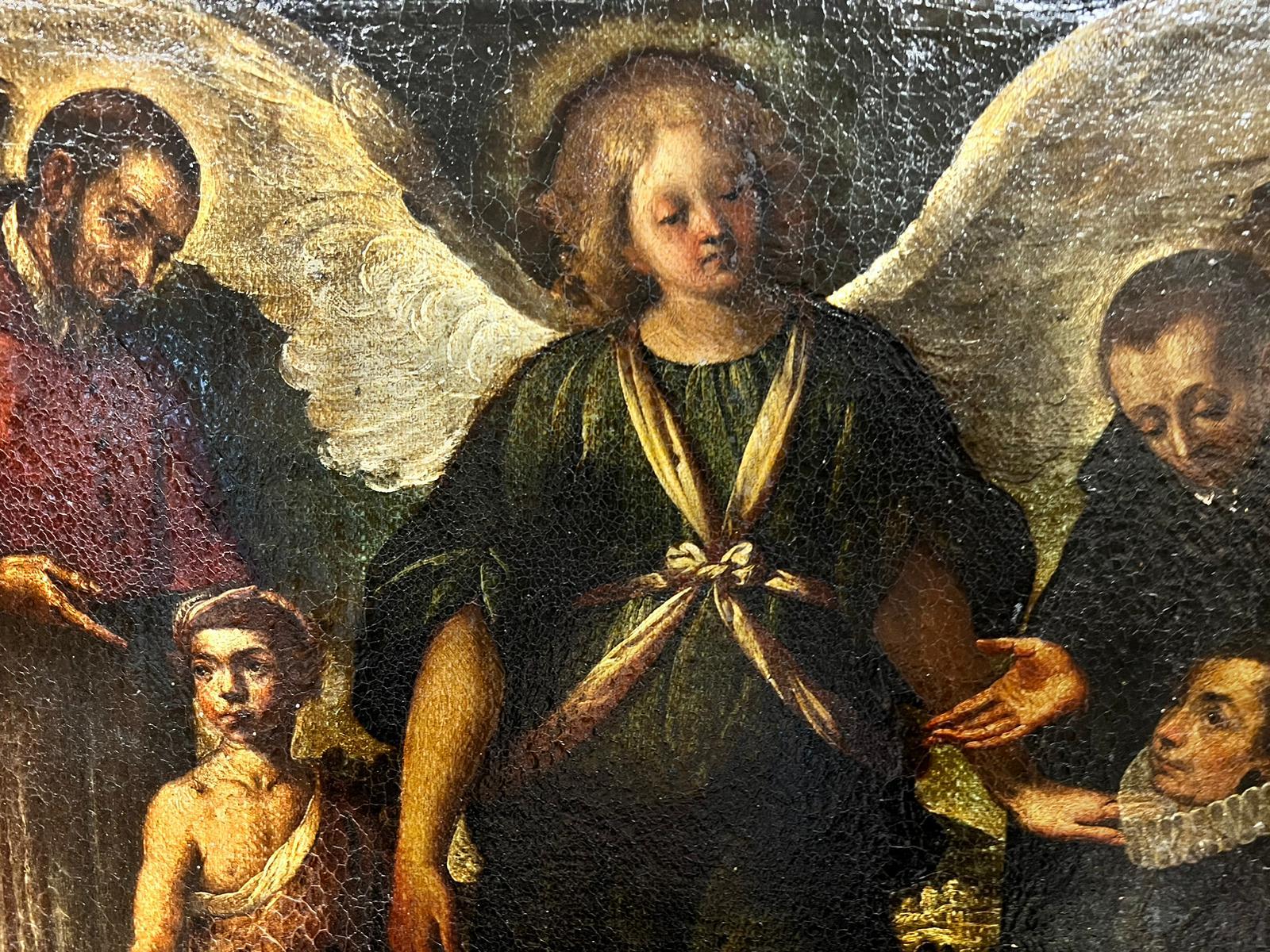 Fine Italian Old Master Oil Painting Angel & Saints Appearing to Figures (Ange et saints apparaissant à des personnages) en vente 1