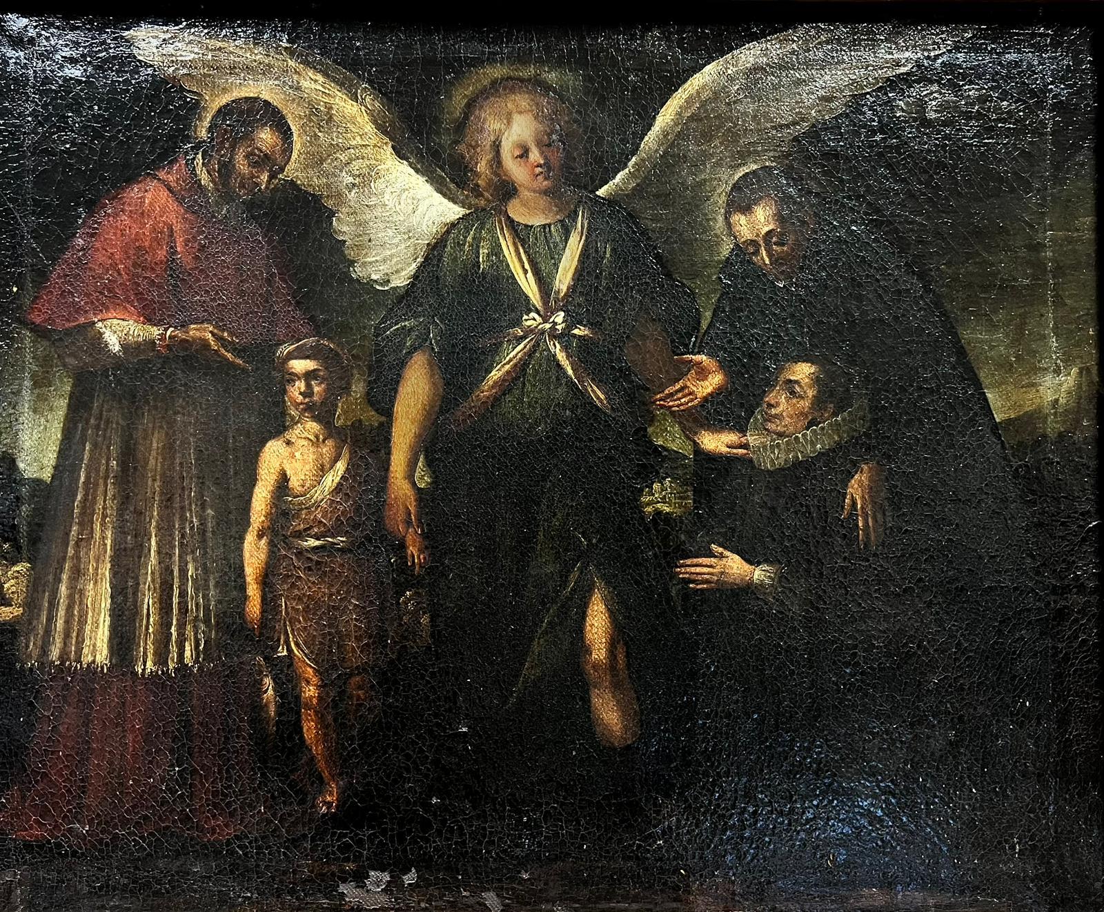 Fine Italian Old Master Oil Painting Angel & Saints Appearing to Figures (Ange et saints apparaissant à des personnages)