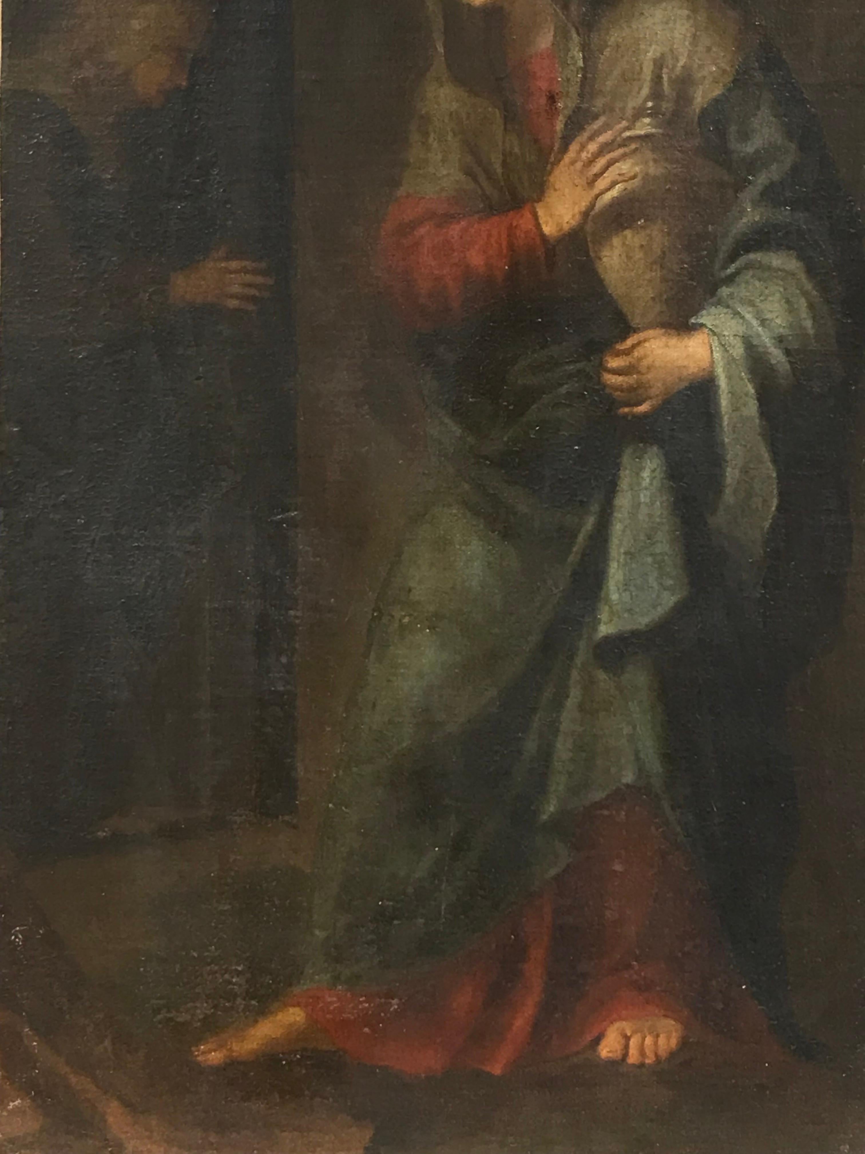 Artist/ School: Italian School, 17th century

Title: Two figures in an interior, one holding an urn or jug. Possibly a Biblical narrative subject. 

Medium: oil painting on canvas, unframed

canvas: 29 x 18 inches

Provenance: private collection,