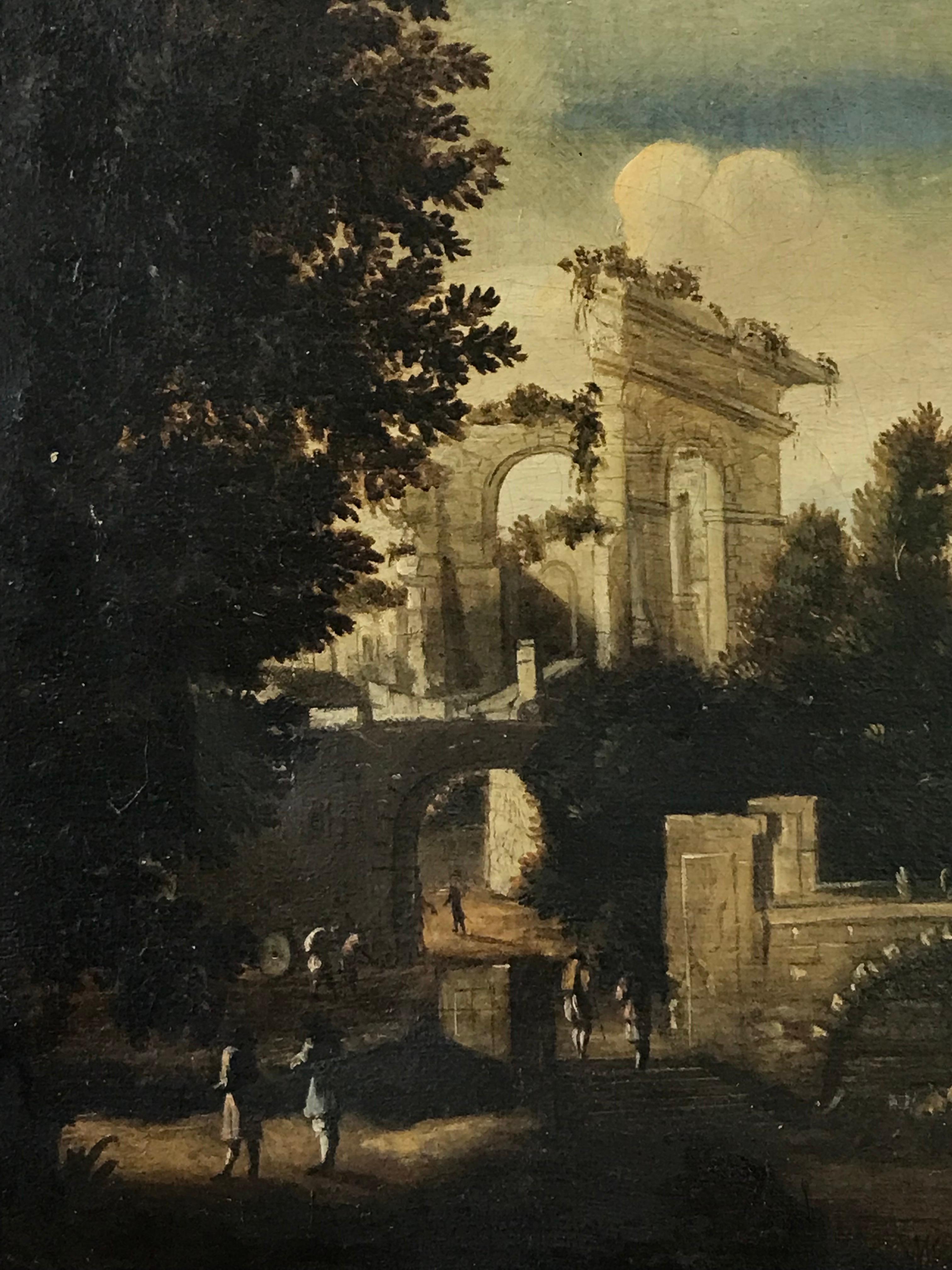18. Jahrhundert Grand Tour Italienische Ölgemälde Figuren, die klassische Ruinen anschauen (Schwarz), Landscape Painting, von Italian Old Master