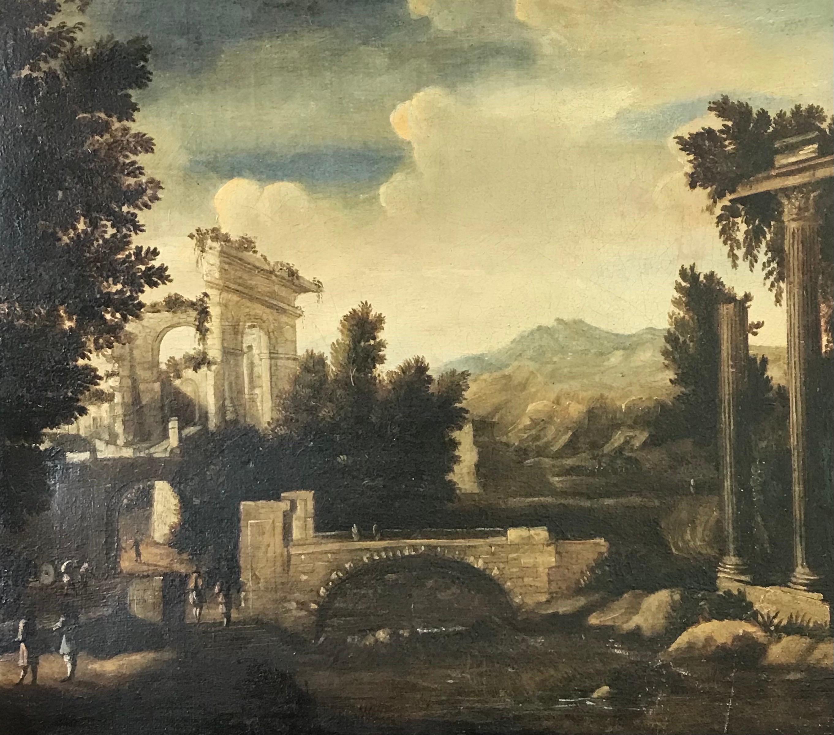 18th Century Grand Tour Italian Oil Painting Figures Admiring Classical Ruins - Black Landscape Painting by Italian Old Master