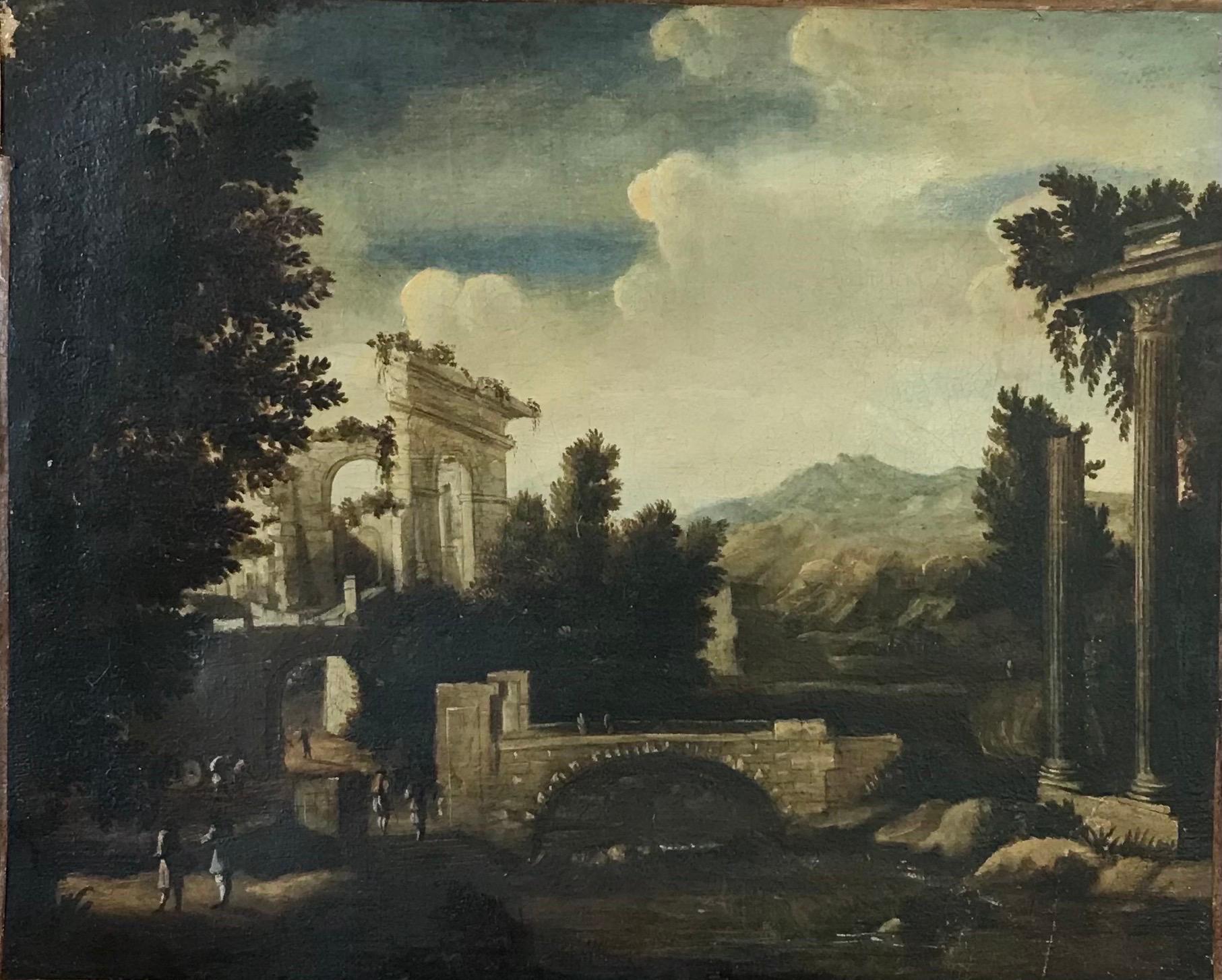 Italian Old Master Landscape Painting - 18th Century Grand Tour Italian Oil Painting Figures Admiring Classical Ruins