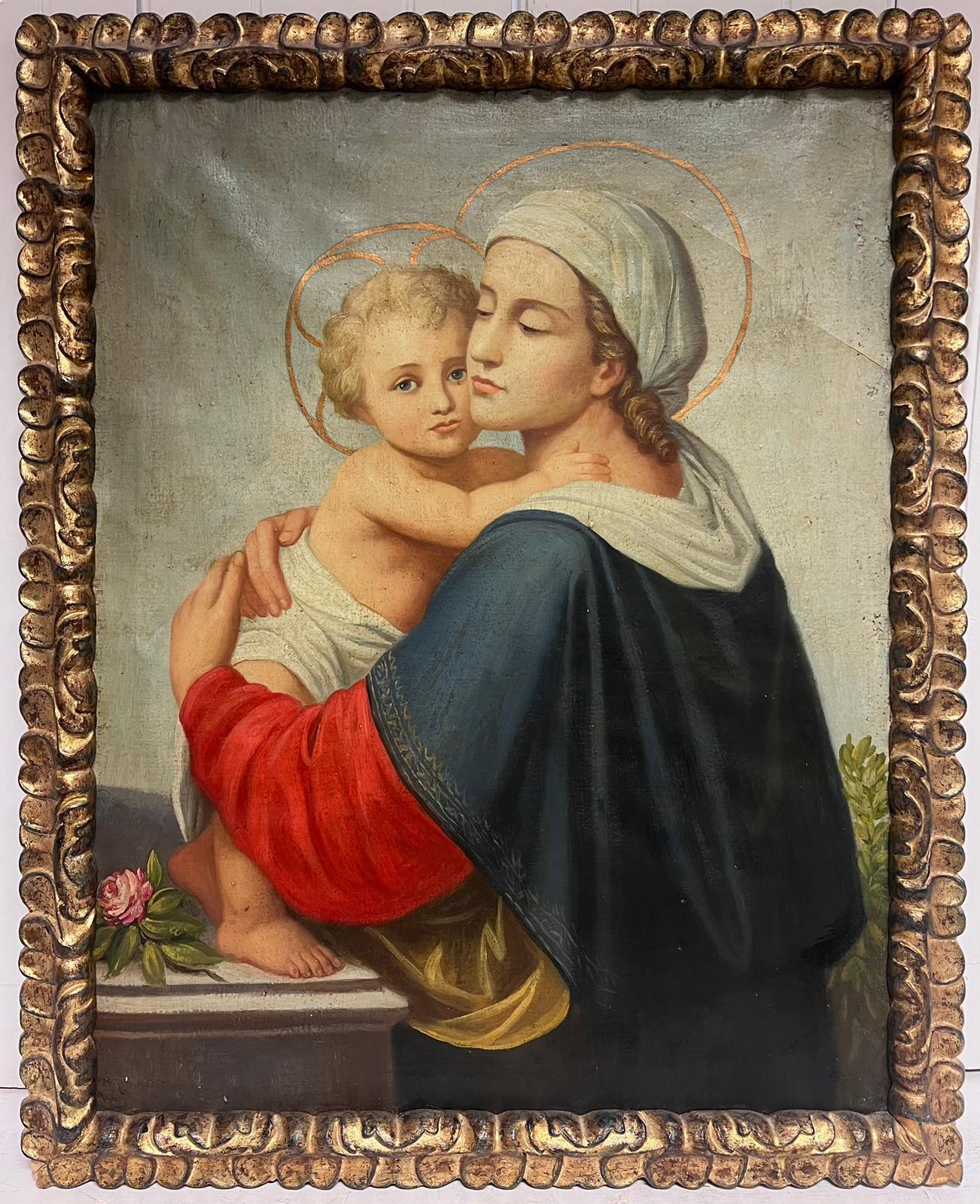Madonna of the Rose with Child; 
Italian School, early 1800's
oil on canvas, framed
framed: 32 x 25.5 inches
canvas: 29 x 22 inches

Condition: good and sound condition, slight ruckling to the canvas where the stretcher may need tightening, overall