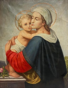 Madonna der Rose mit Christuskind, großes italienisches Ölgemälde, 1800er Jahre