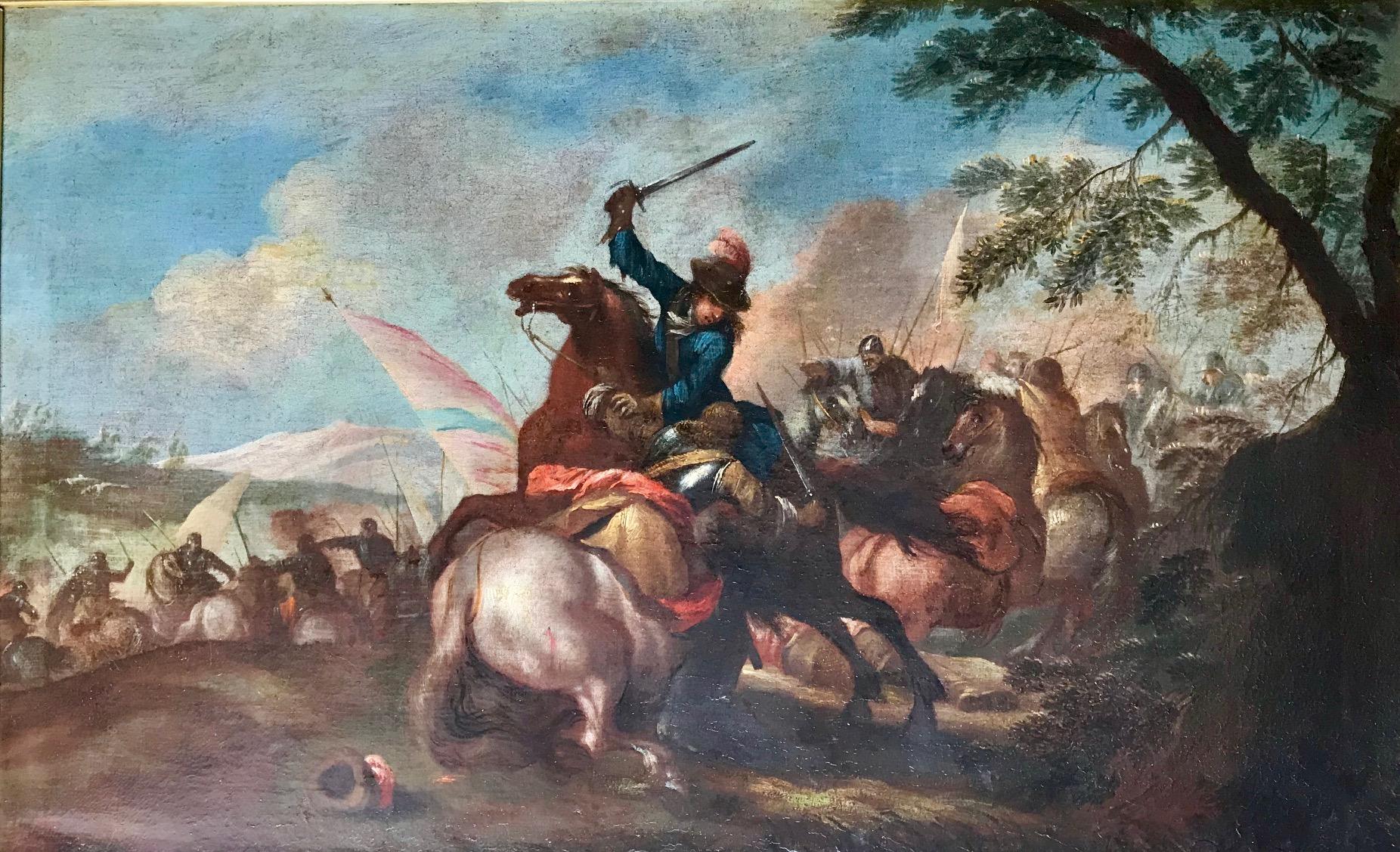 Italian old master painting 17th century attr. Ilario Spolverini, 1657-1734.

This painting in oil on canvas represents a battle scene involving Turkish and Christian cavalry. Ilario Spolverini was the most important artist of Battalistic genre