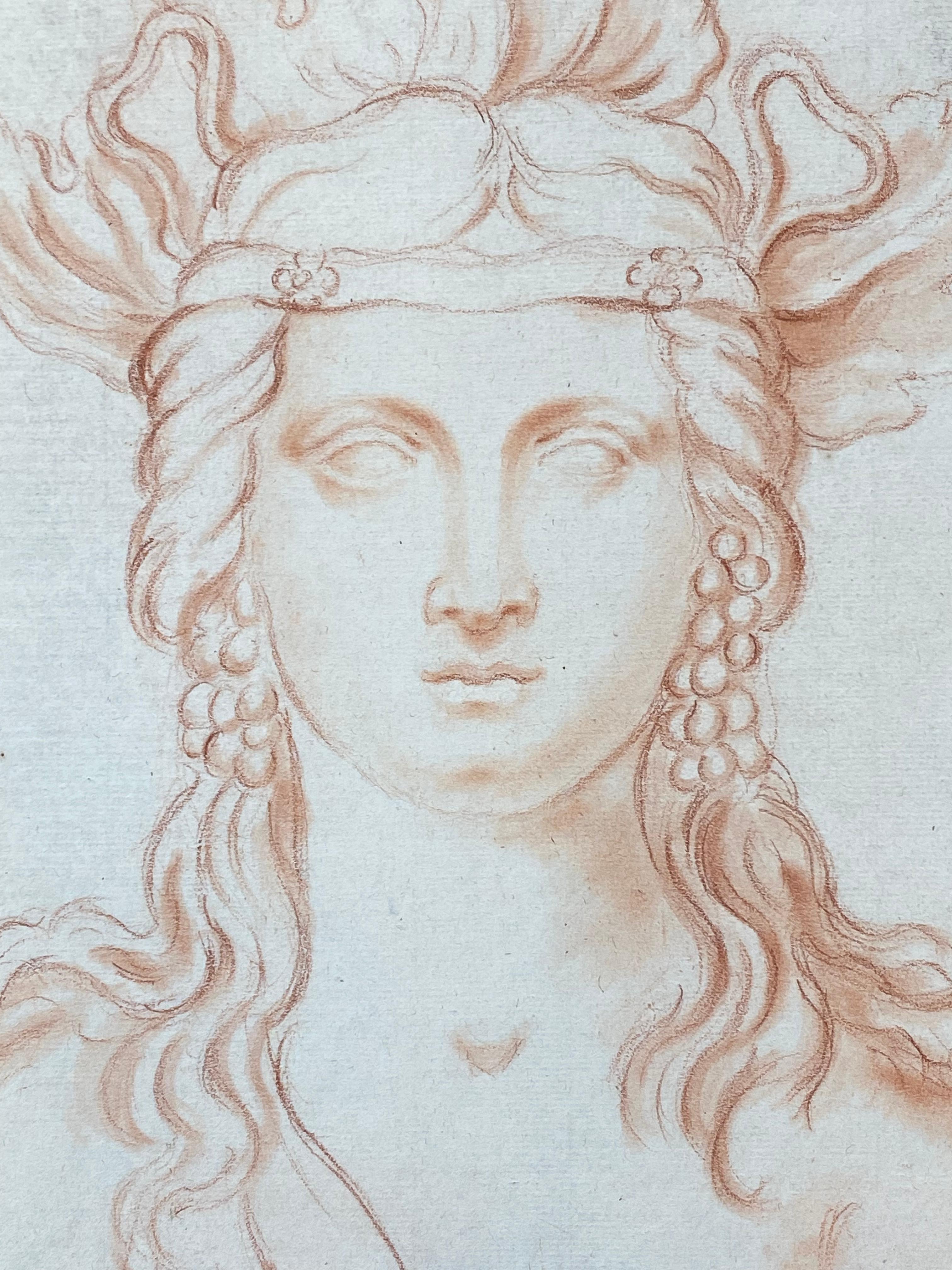 1800's Italian Sanguine Chalk Drawing Mythological Portrait Nude Bacchus Lady - Painting by Italian Old Master