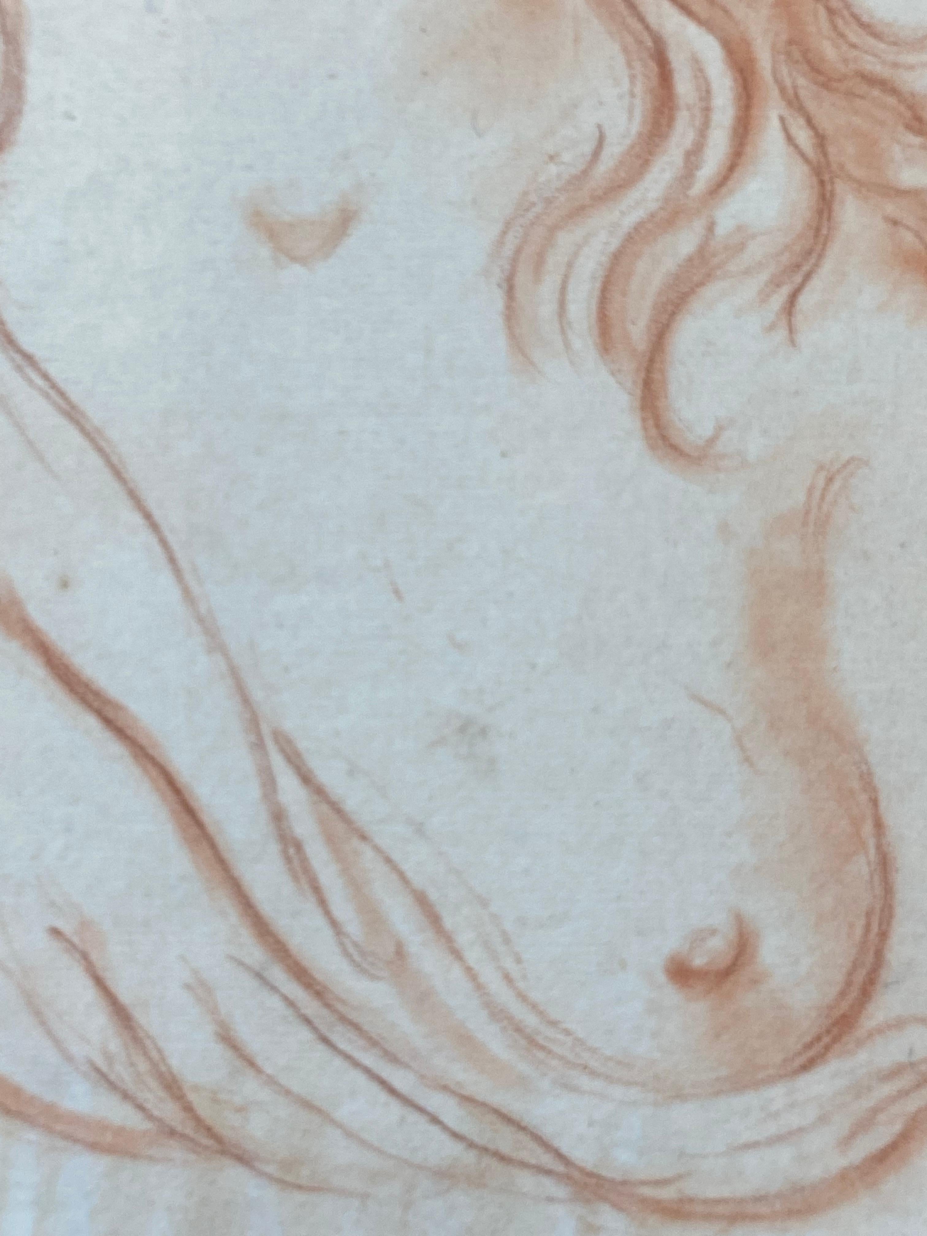 1800's Italian Sanguine Chalk Drawing Mythological Portrait Nude Bacchus Lady 1