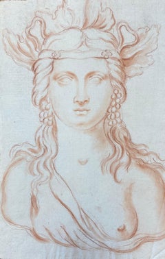 Antique c. 1800's Italian Sanguine Chalk Drawing Mythological Portrait Nude Lady