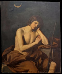 Melancholic Naked Male Figure Under Crescent Moon 19th Century Huge Oil Painting