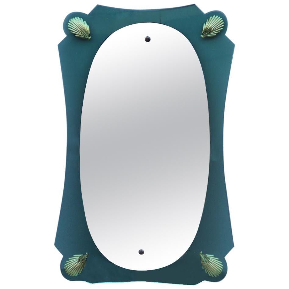 Italian Old Mid-Century Modern Wall Mirror Cristal Art, 1950s Green Gold Color For Sale