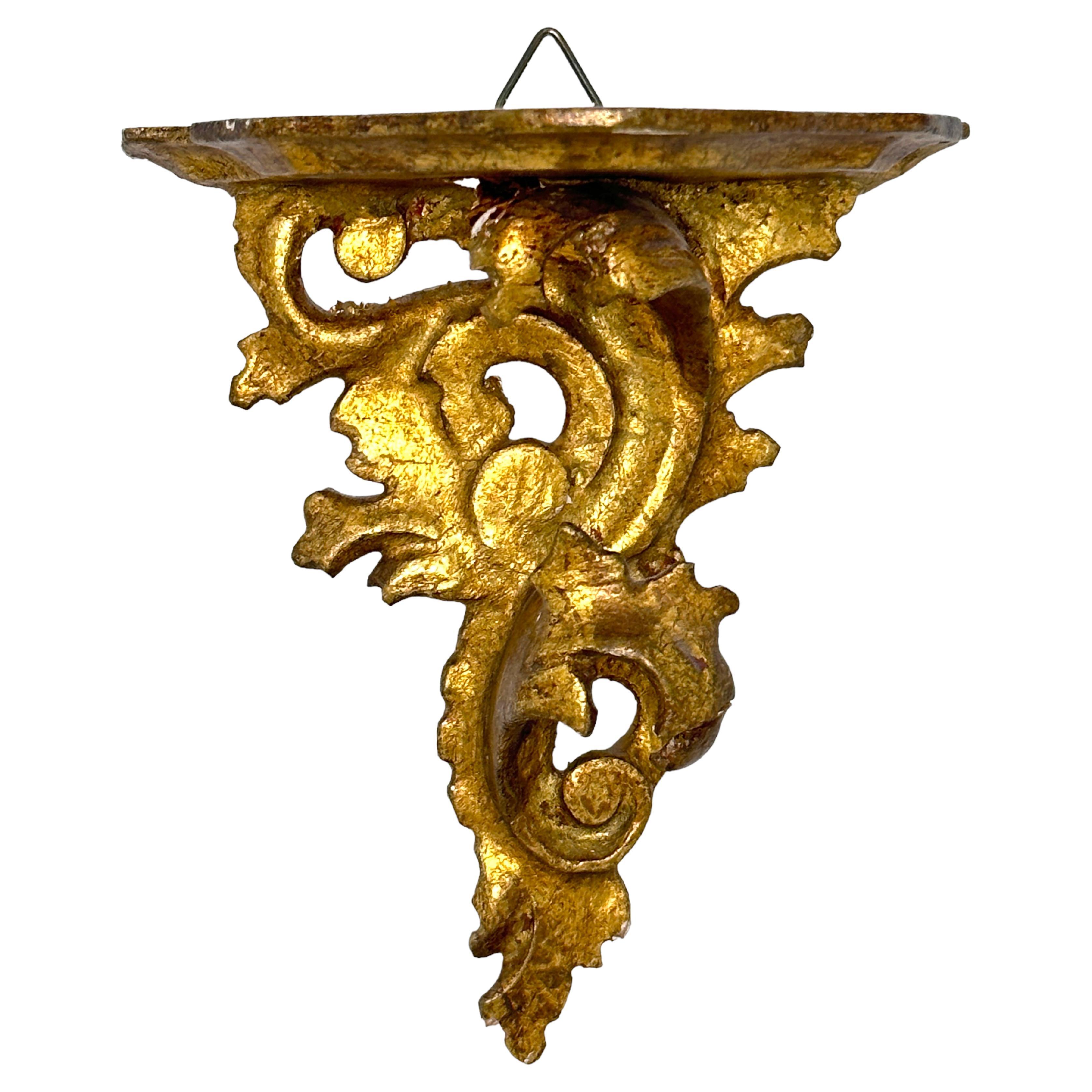 Italian Old Venetian Miniature Wall Shelf, Gilded Carved Acanthus, Rococo Style For Sale