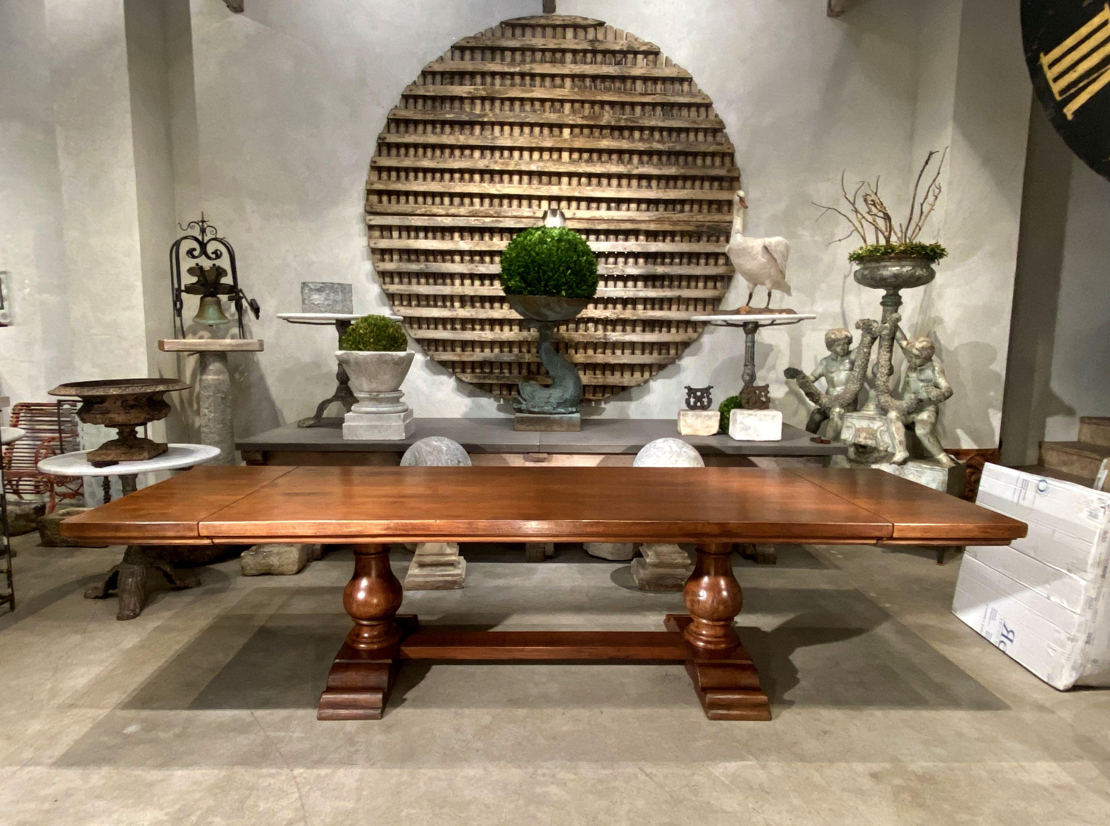 
Our 18th Century style Italian Old Walnut trestle table with end extensions is available to order as shown or in custom size with finish options. The sophisticated Mediterranean 