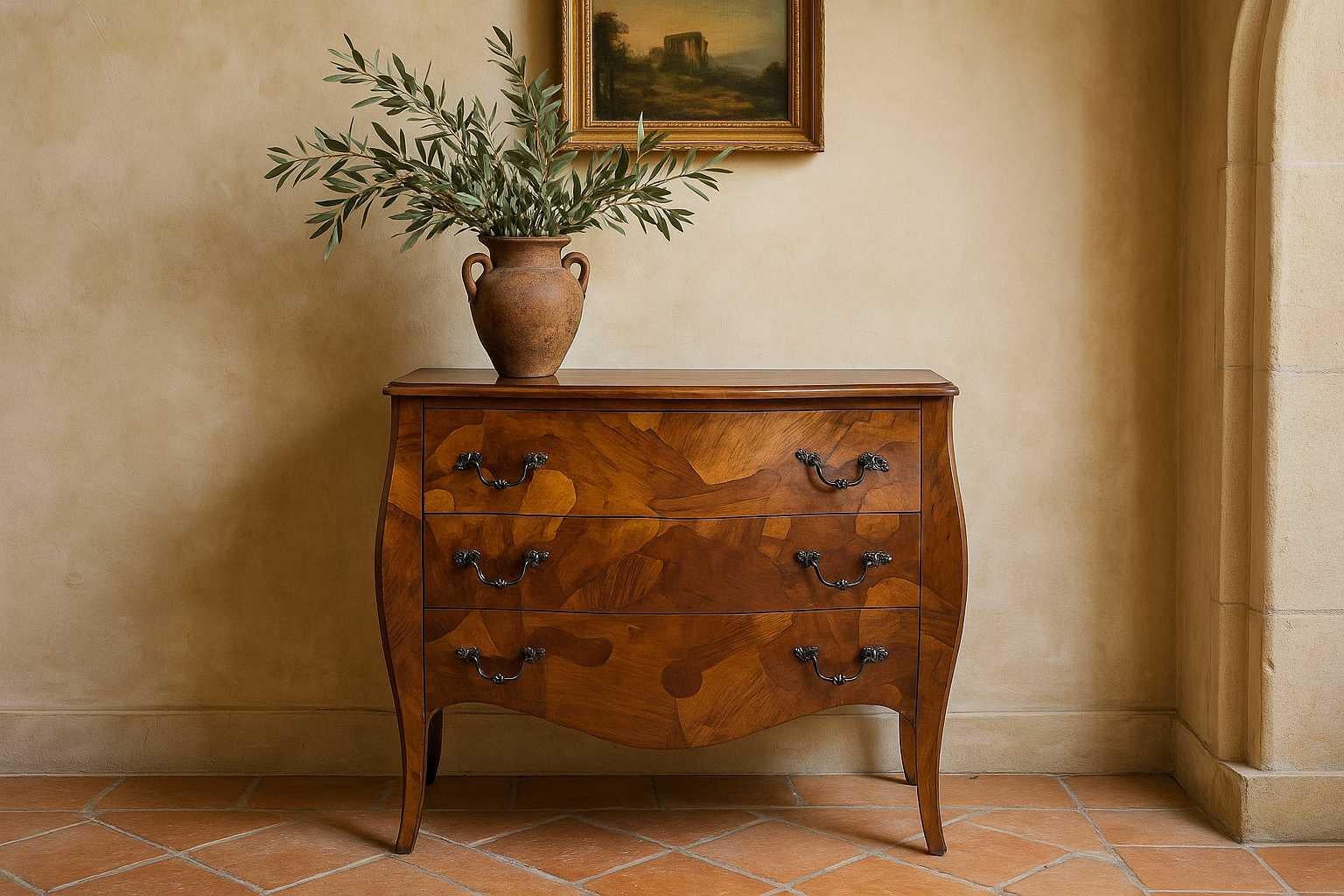 Diese italienische Bombenkommode mit Olivenwurzelholz im Vintage-Stil besticht durch ihre schlangenförmige Front und die elegant geschwungenen Cabriole-Beine, die das klassische, vom Rokoko inspirierte italienische Design widerspiegeln. Die Kommode