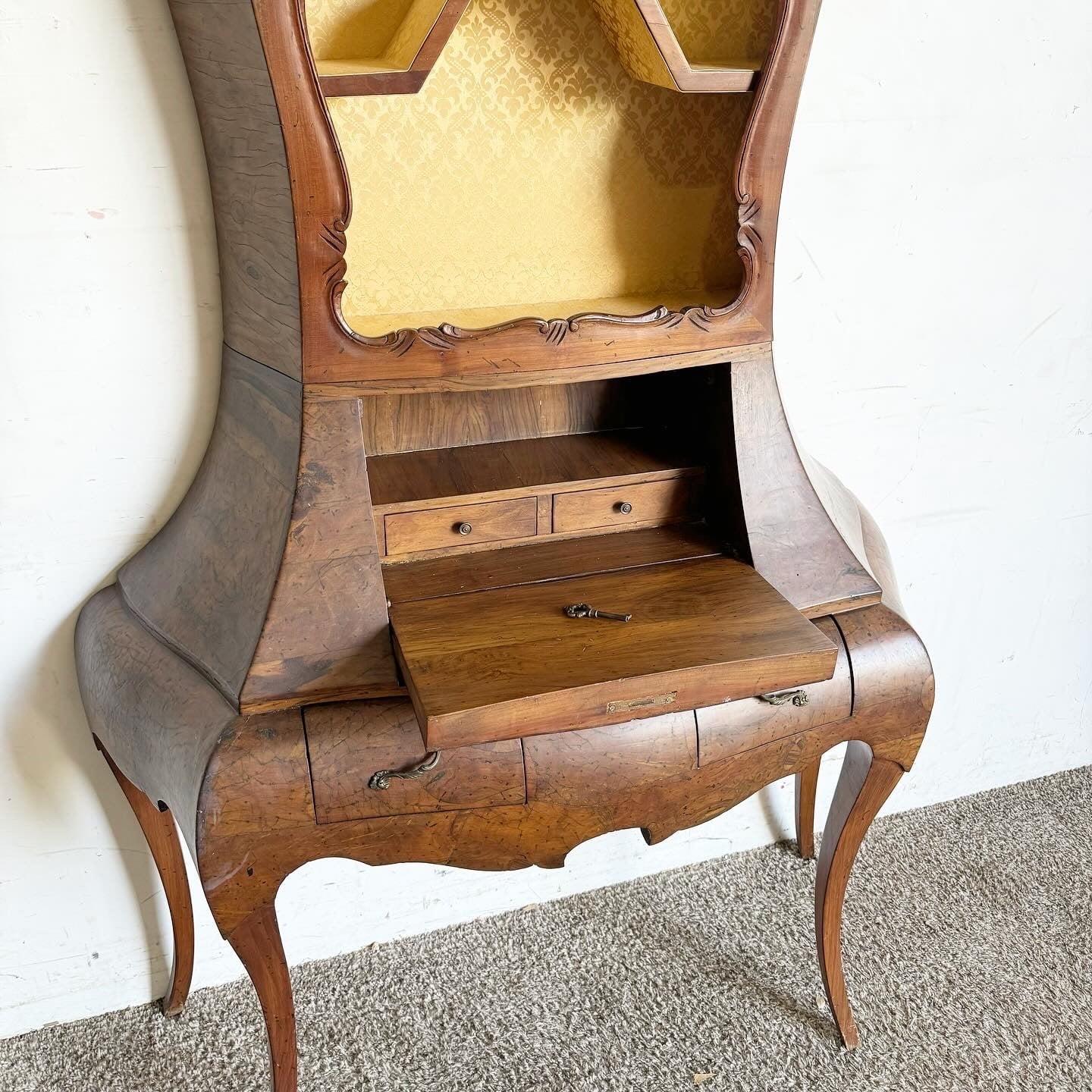 Italian Olive Burl Wood Cabriole Leg Bombé Secretary Desk With Bookshelf In Good Condition In Delray Beach, FL