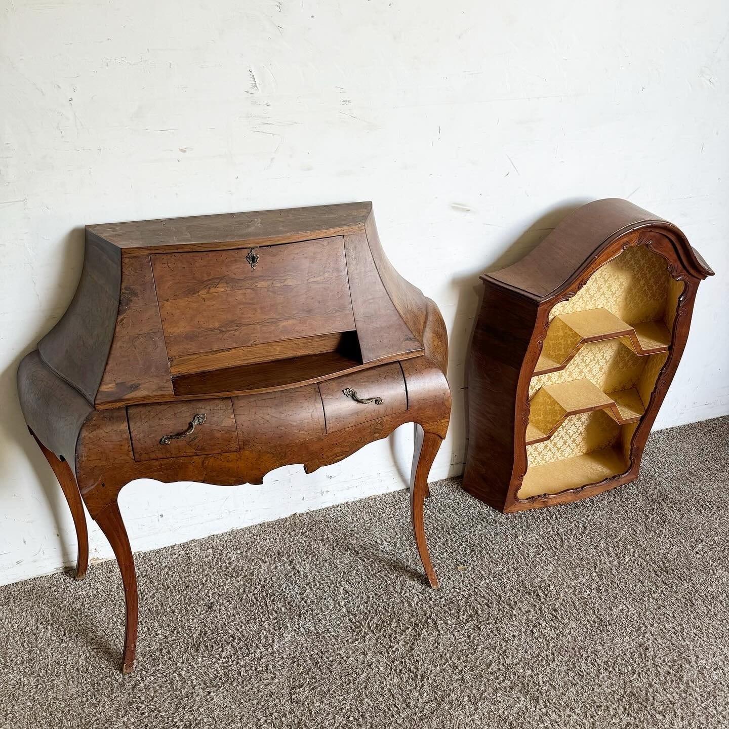 Italian Olive Burl Wood Cabriole Leg Bombé Secretary Desk With Bookshelf 1