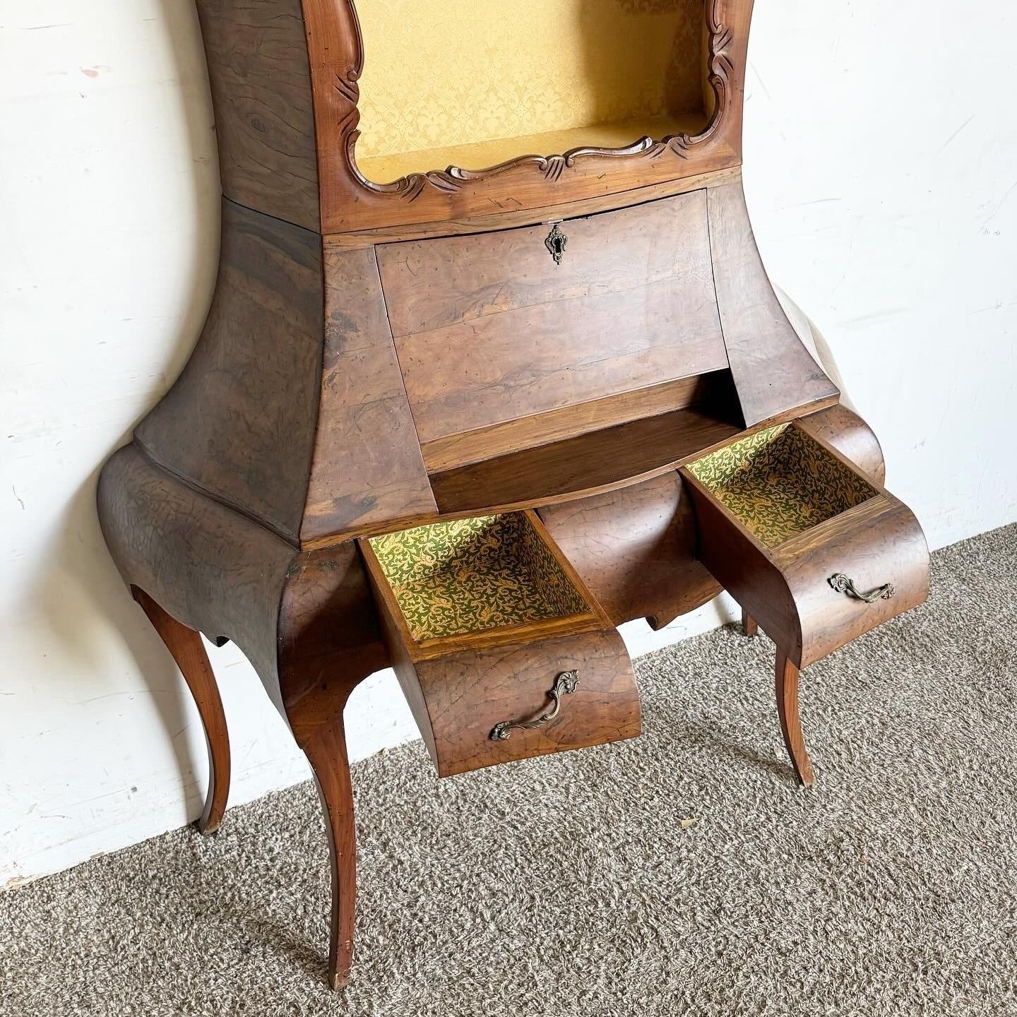 Italian Olive Burl Wood Cabriole Leg Bombé Secretary Desk With Bookshelf 2