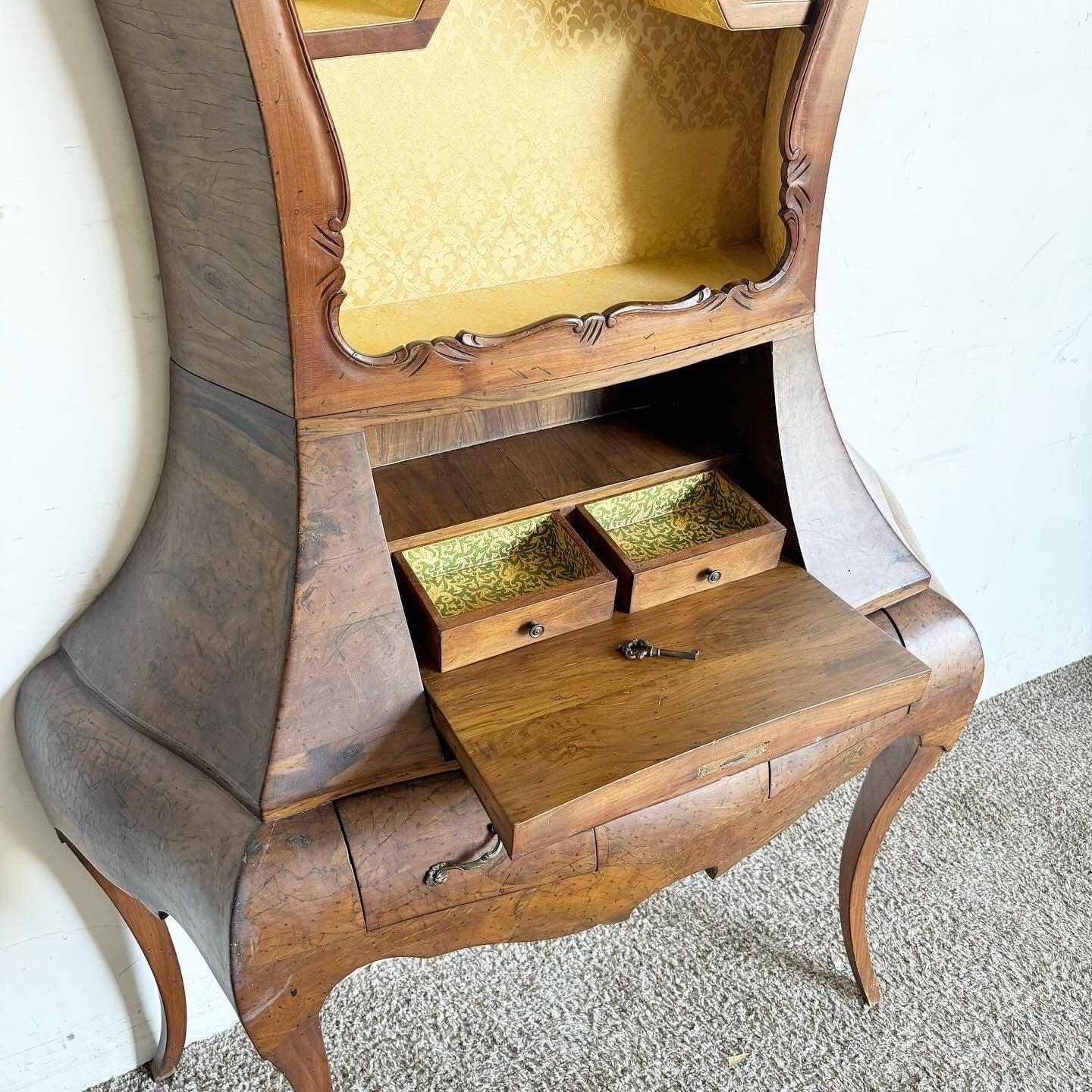 Italian Olive Burl Wood Cabriole Leg Bombé Secretary Desk With Bookshelf 3
