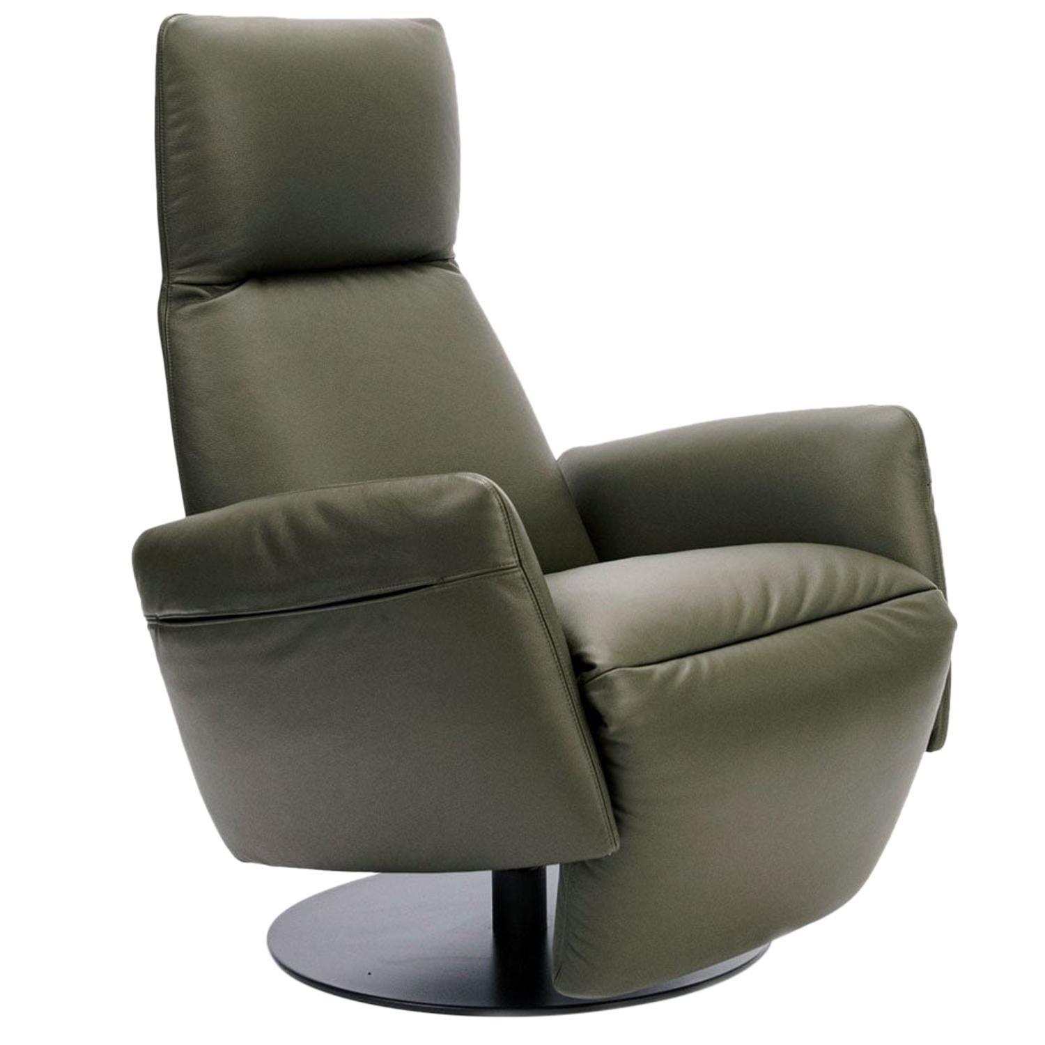 Italian Olive Colored Leather Upholstered Recliner, Poltrona Frau