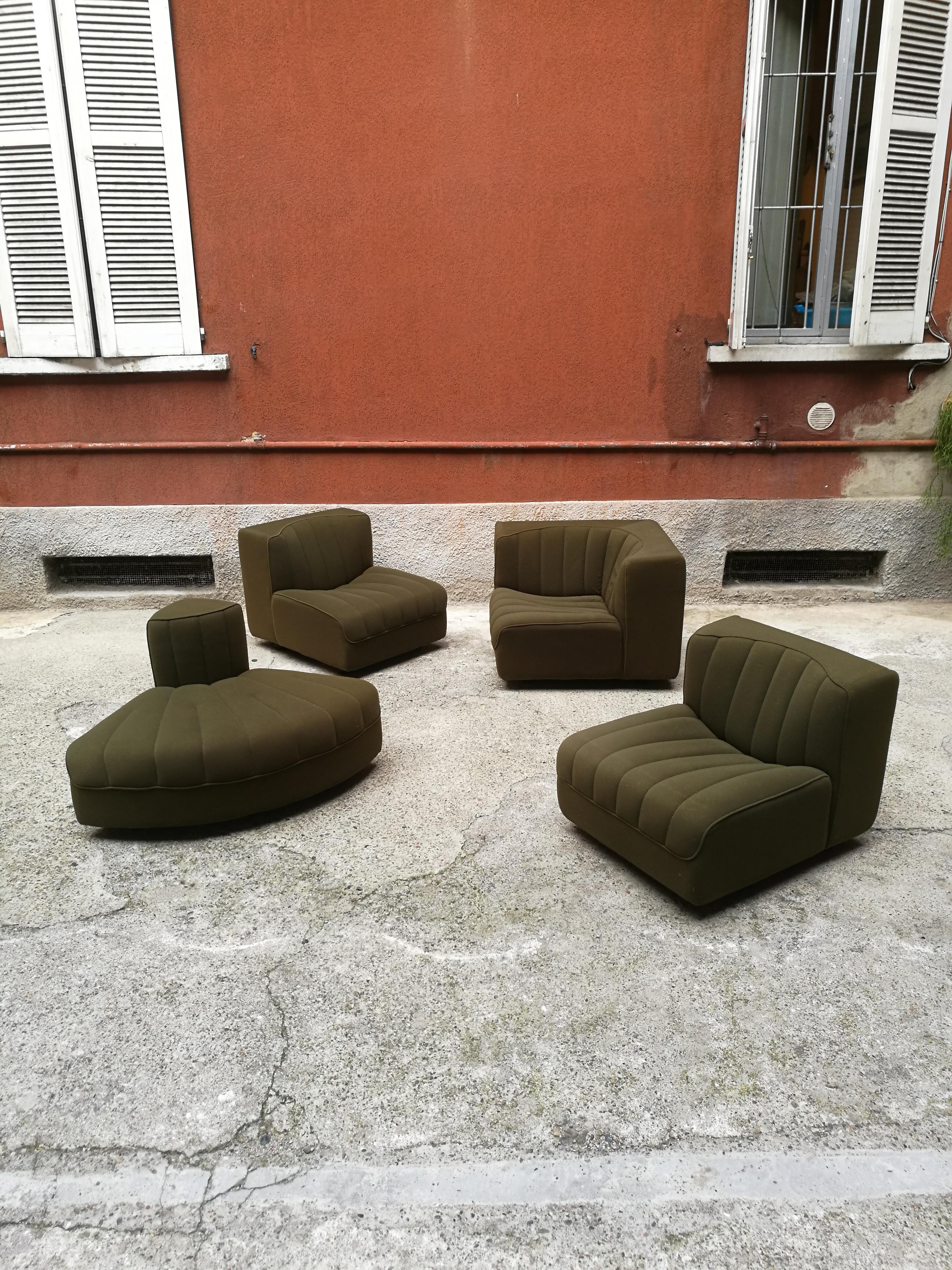 Mid-Century Modern Italian Olive Green Felt Modular Original Sofa, 1970s