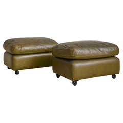 Italian Olive Leather Ottoman by Tito Agnoli, 1970s - 2 Available