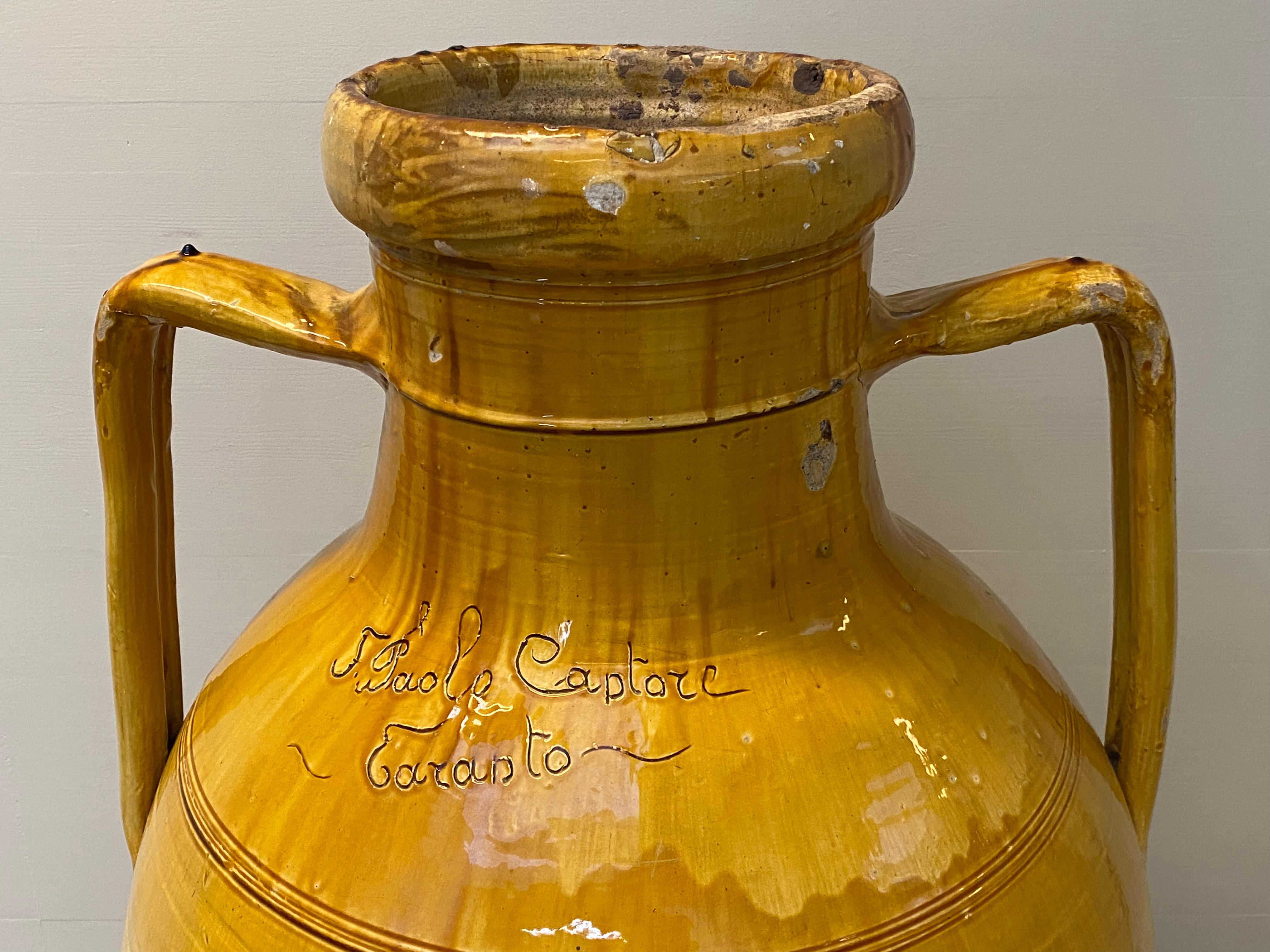 Mid-20th Century Exceptionally Big Italian Olive Jar with Yellow/Brown Color