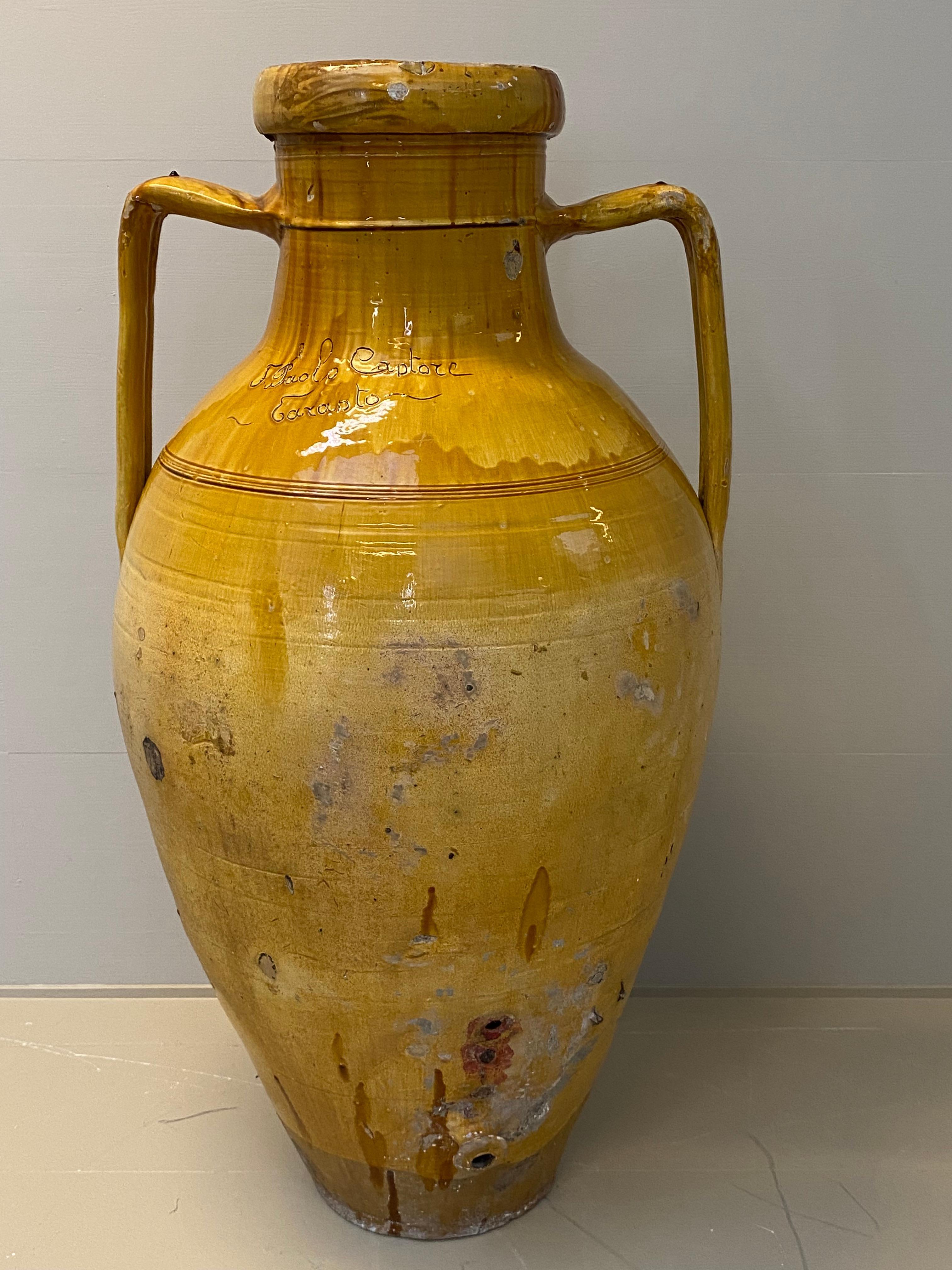 Terracotta Exceptionally Big Italian Olive Jar with Yellow/Brown Color