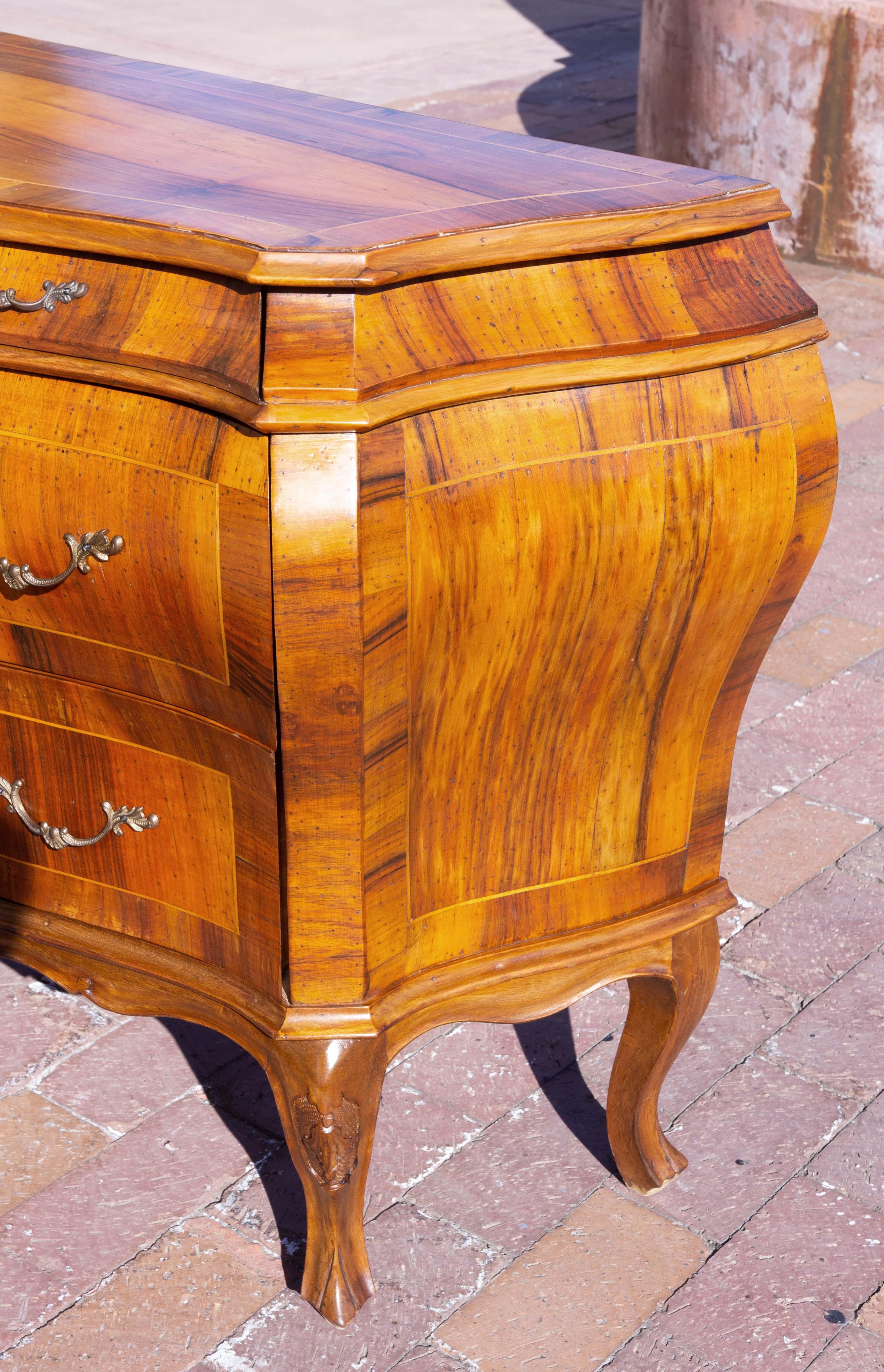 European Italian Olive Wood Bombe Commode or Chest For Sale