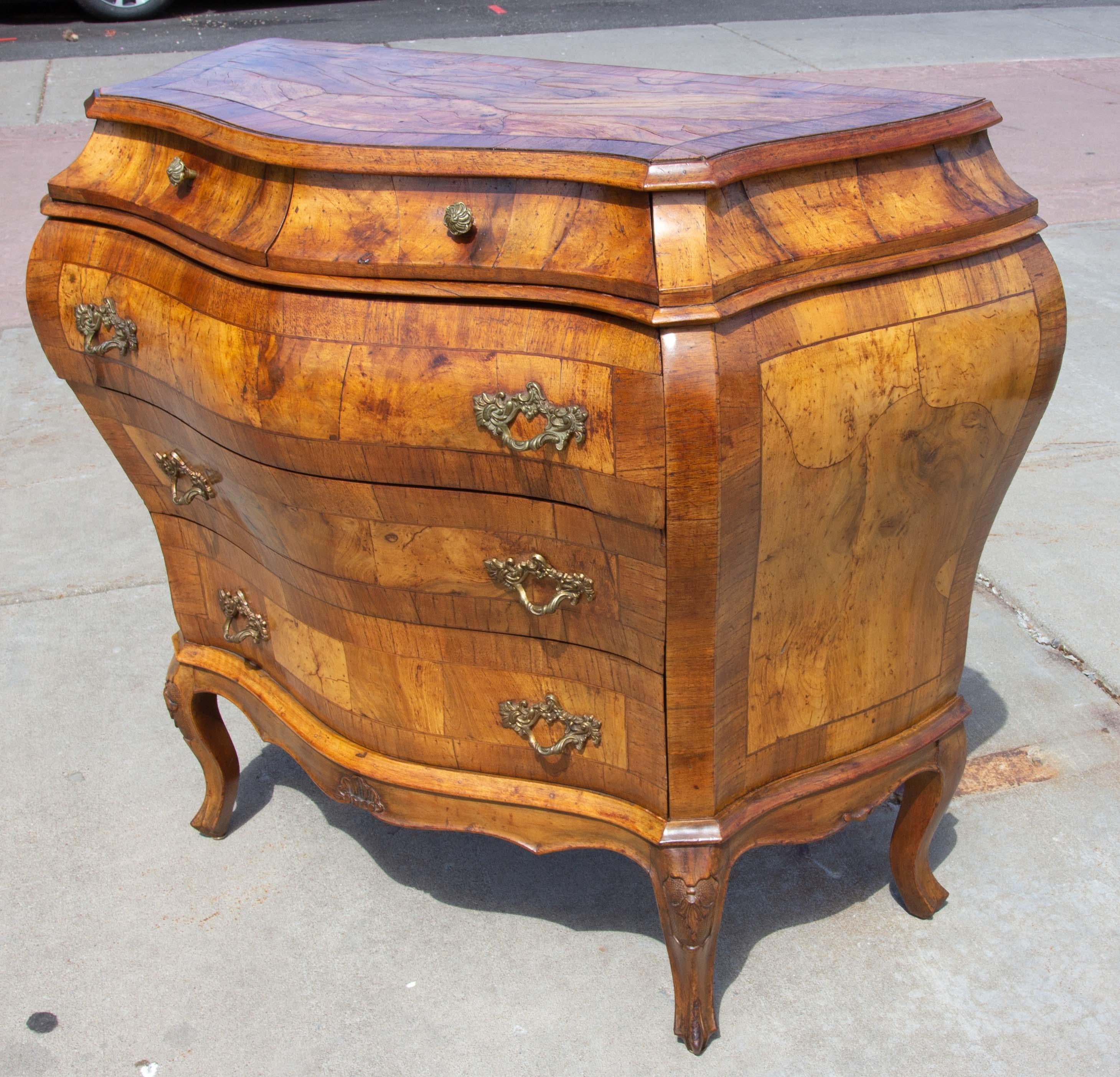 European Italian Olive Wood Bombe Commode or Chest