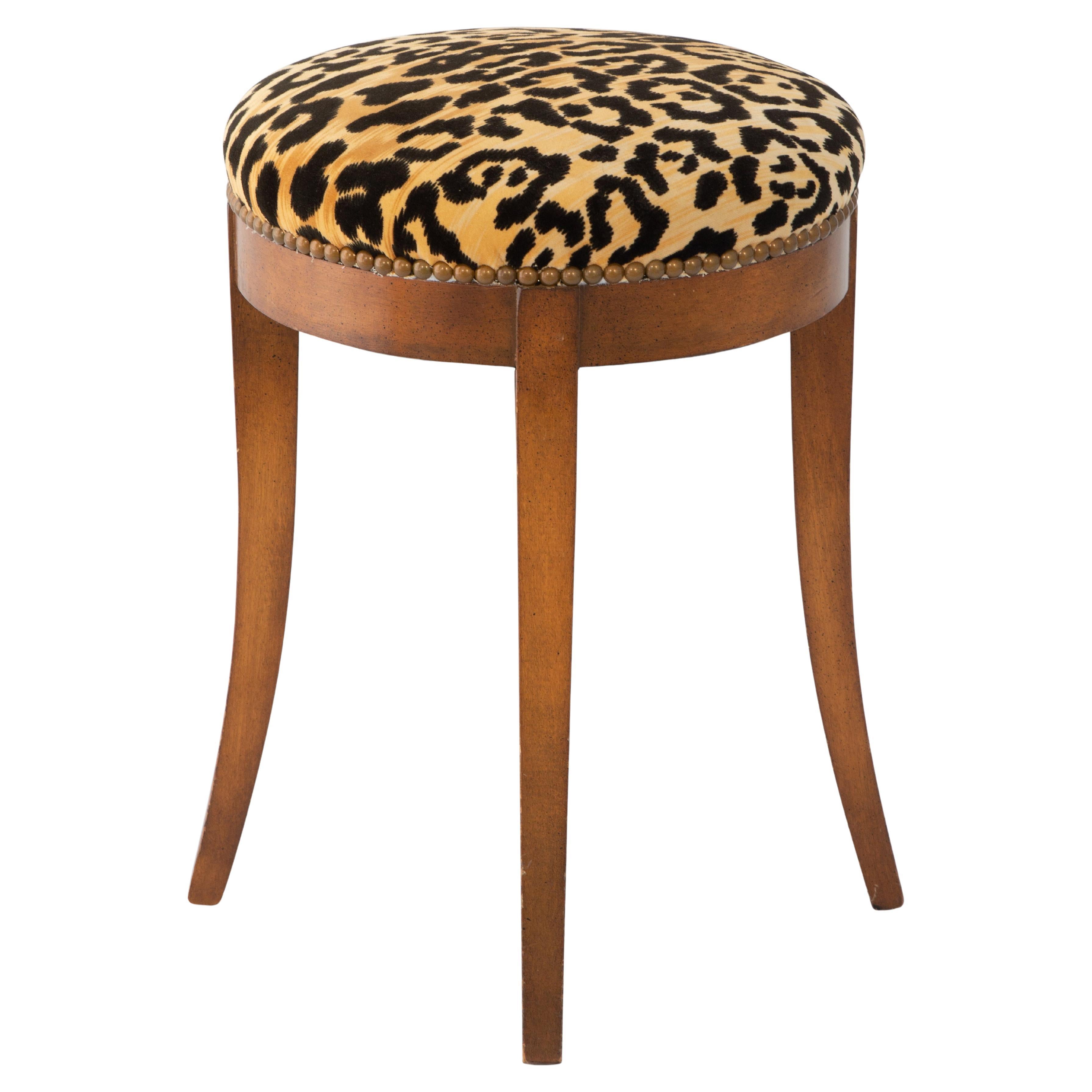 Italian Olivewood Vanity Stool with Leopard-Print Velvet Seat