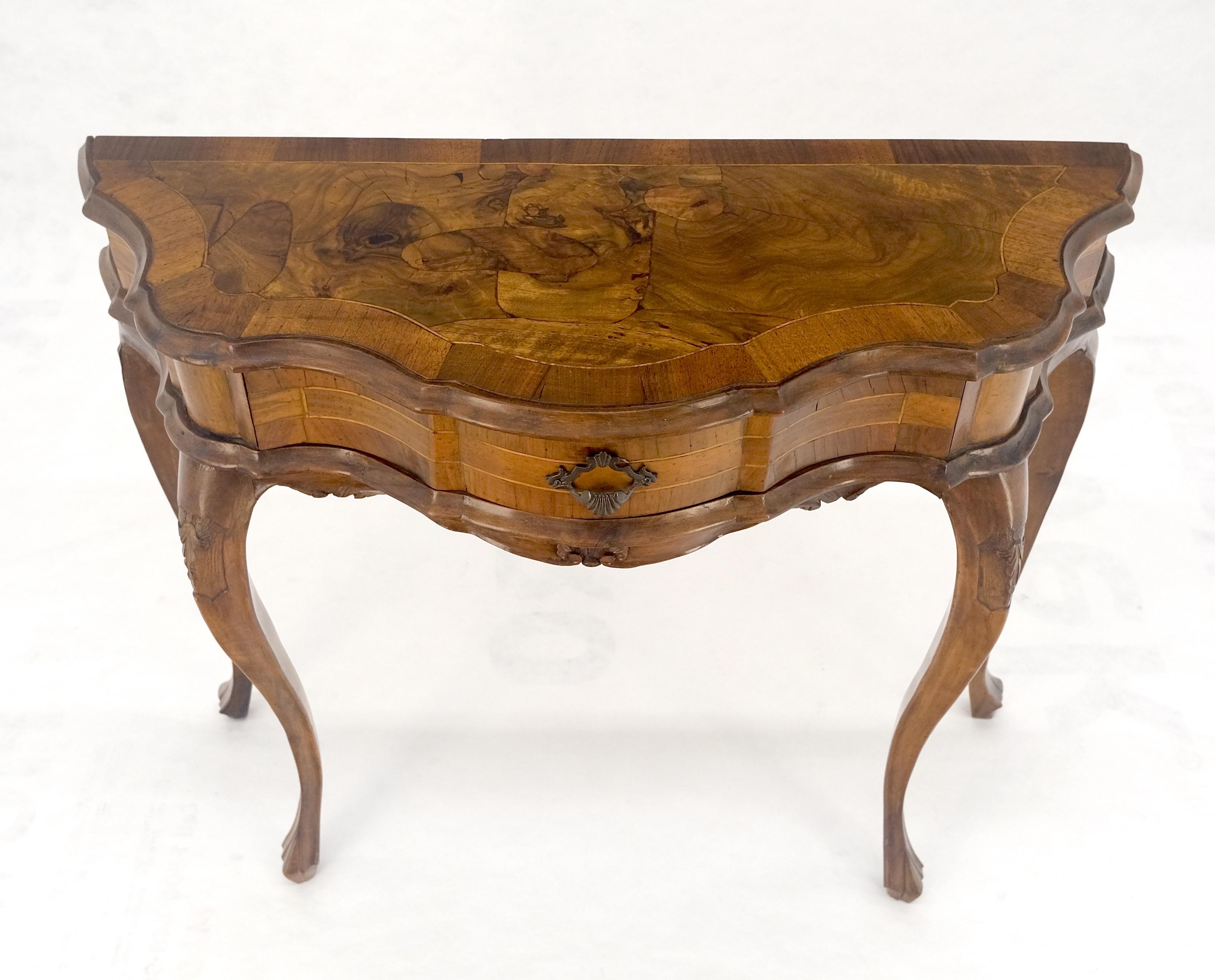 Arts and Crafts Italian One Drawer Thick Burl Olive Wood Veneers Patches Console Table MINT For Sale