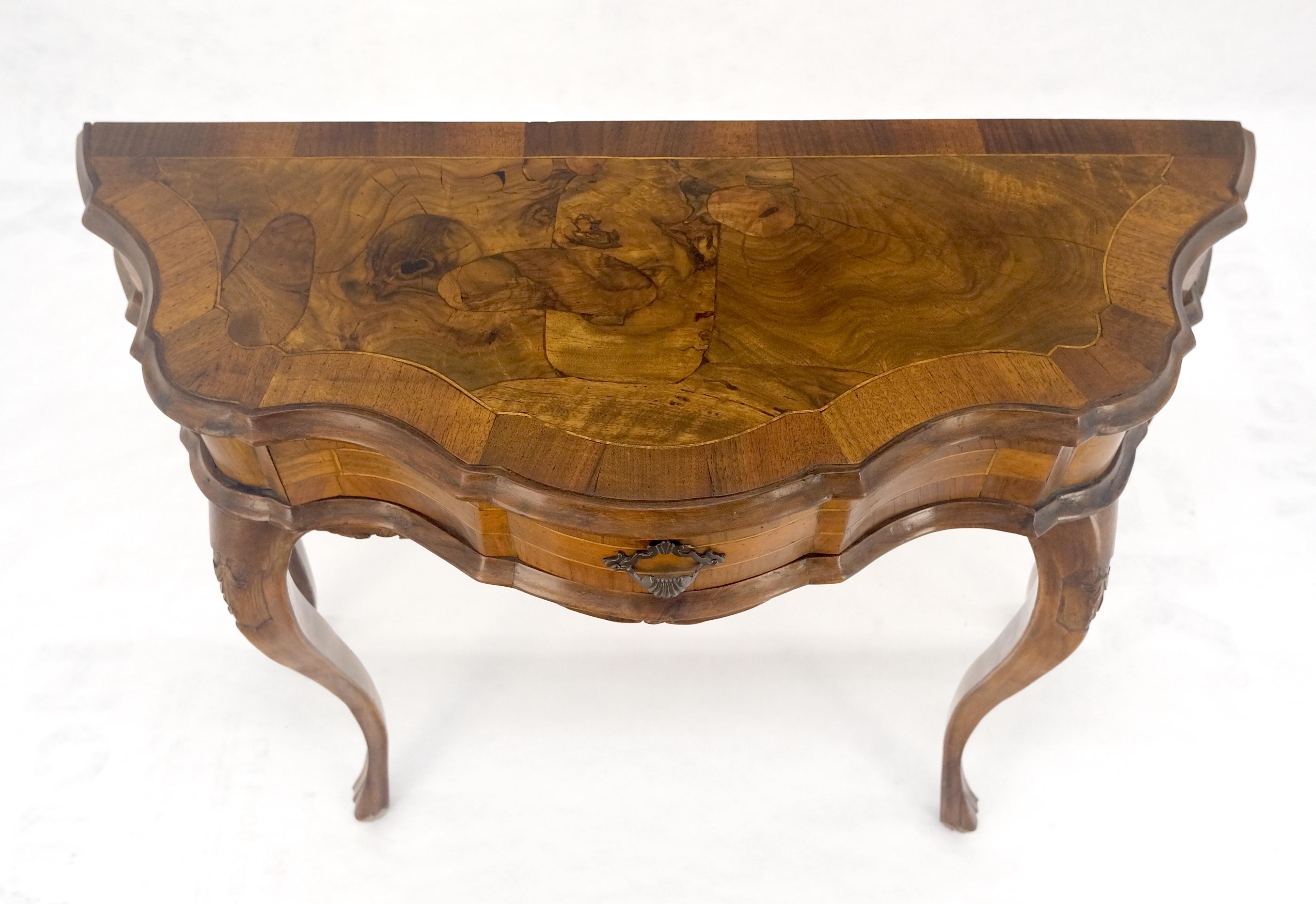 Lacquered Italian One Drawer Thick Burl Olive Wood Veneers Patches Console Table MINT For Sale