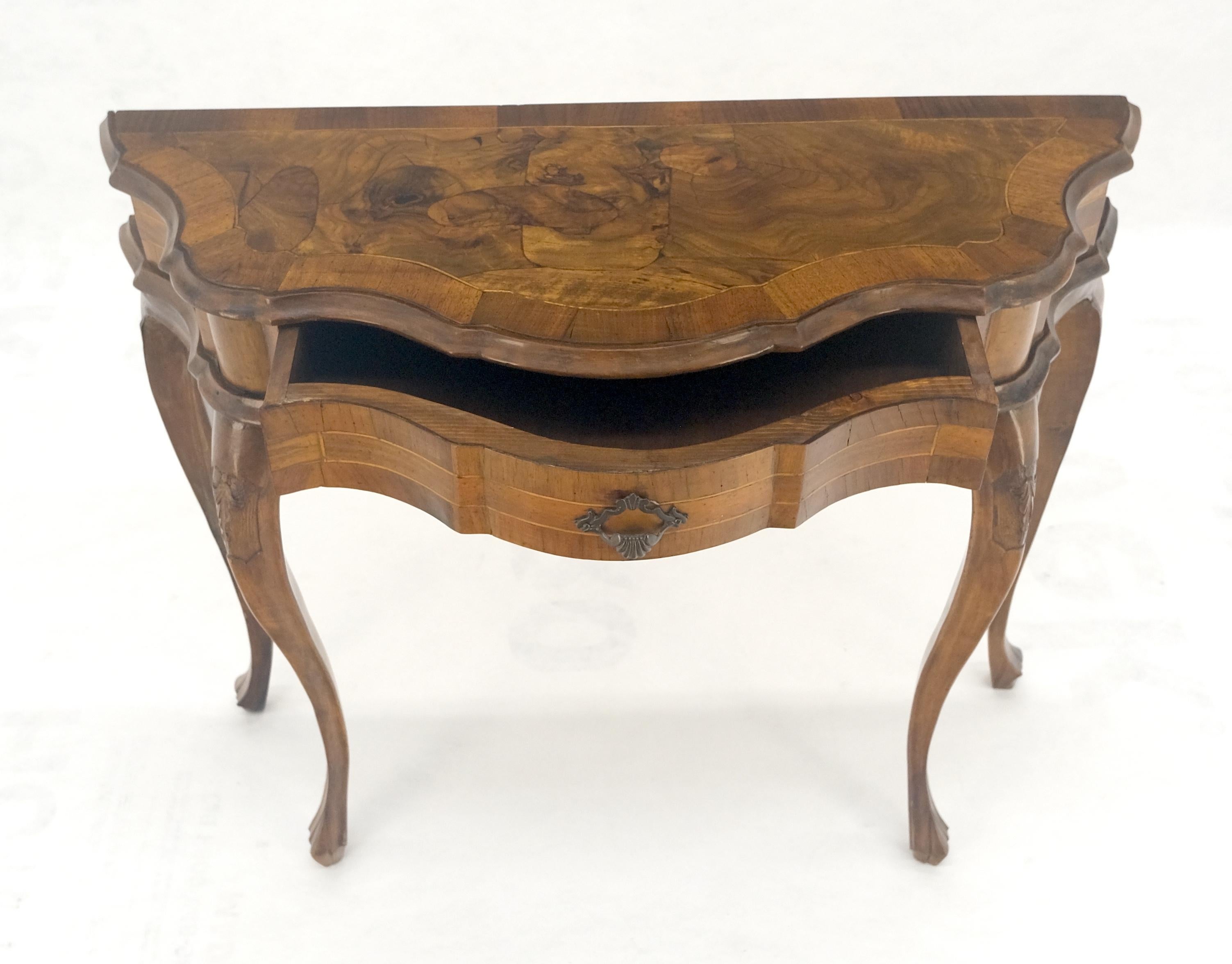 Italian One Drawer Thick Burl Olive Wood Veneers Patches Console Table MINT For Sale 4