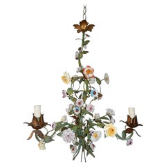 Italian One of Two Tole with Porcelain Flowers Polychrome Chandelier, circa 1870