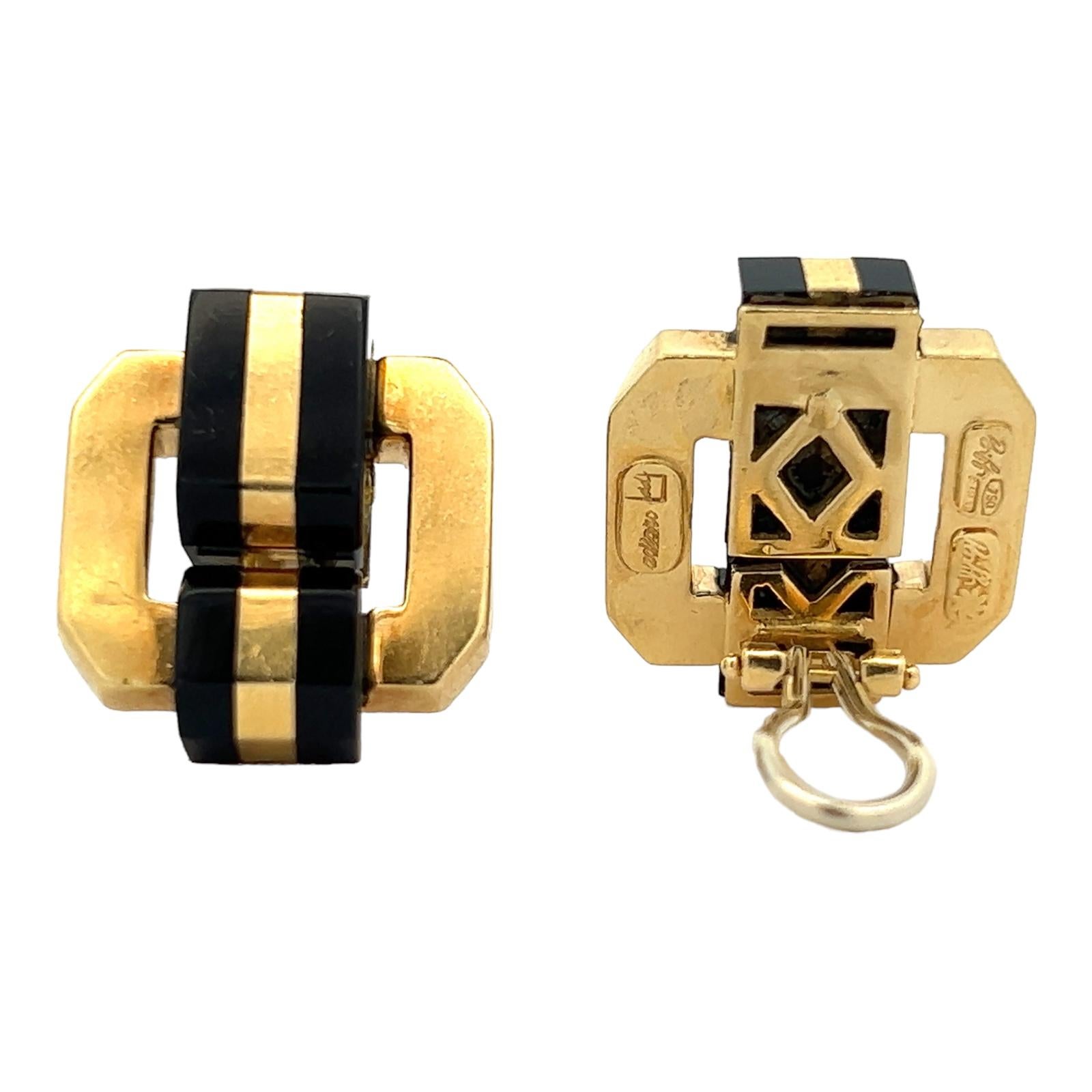 Contemporary Italian Onyx 18 Karat Yellow Gold Square Earclip Earrings Signed Biff & Adloro