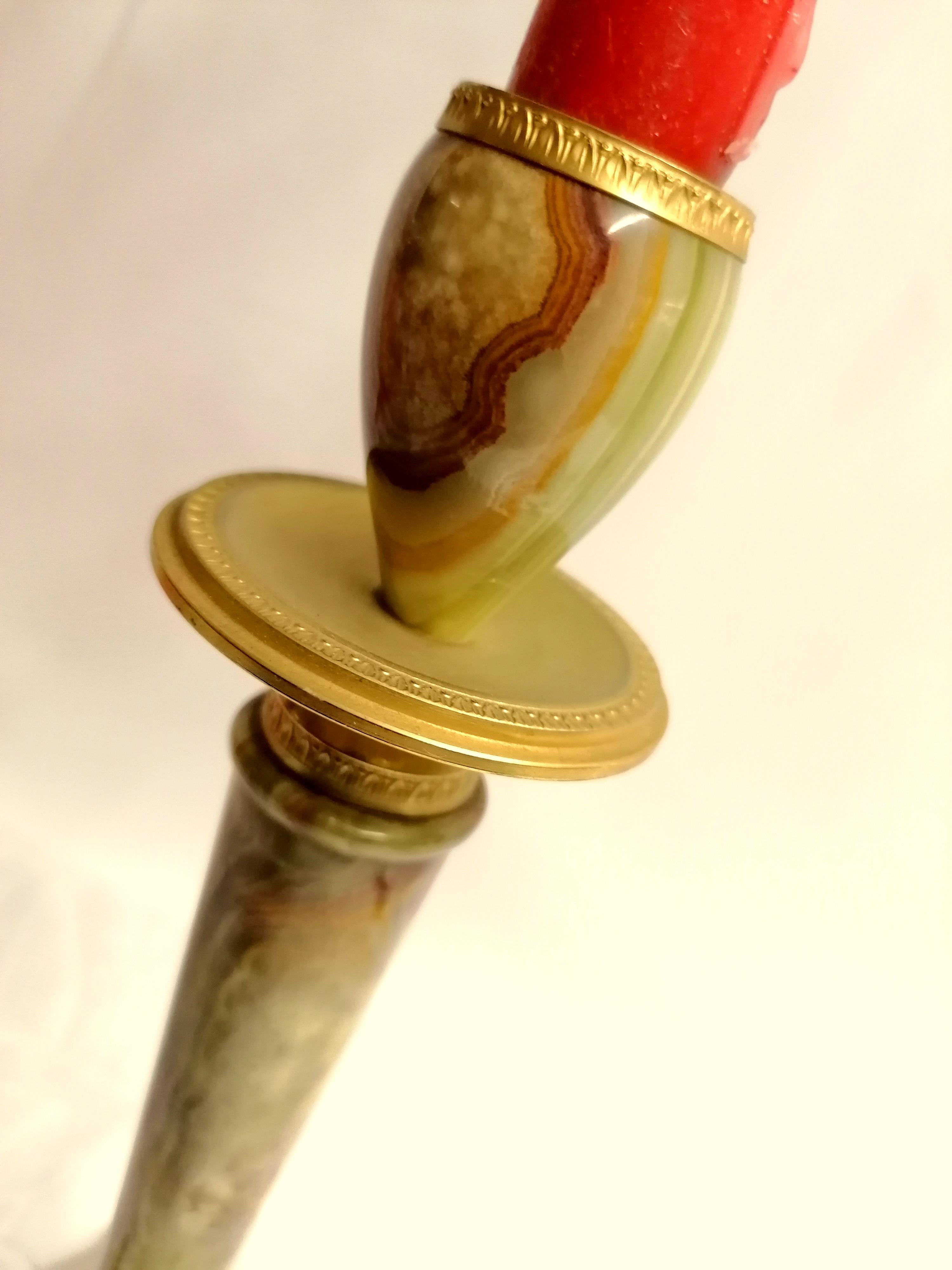 Italian Onyx and Brass Candle Stick Antique Candle Holder For Sale 3